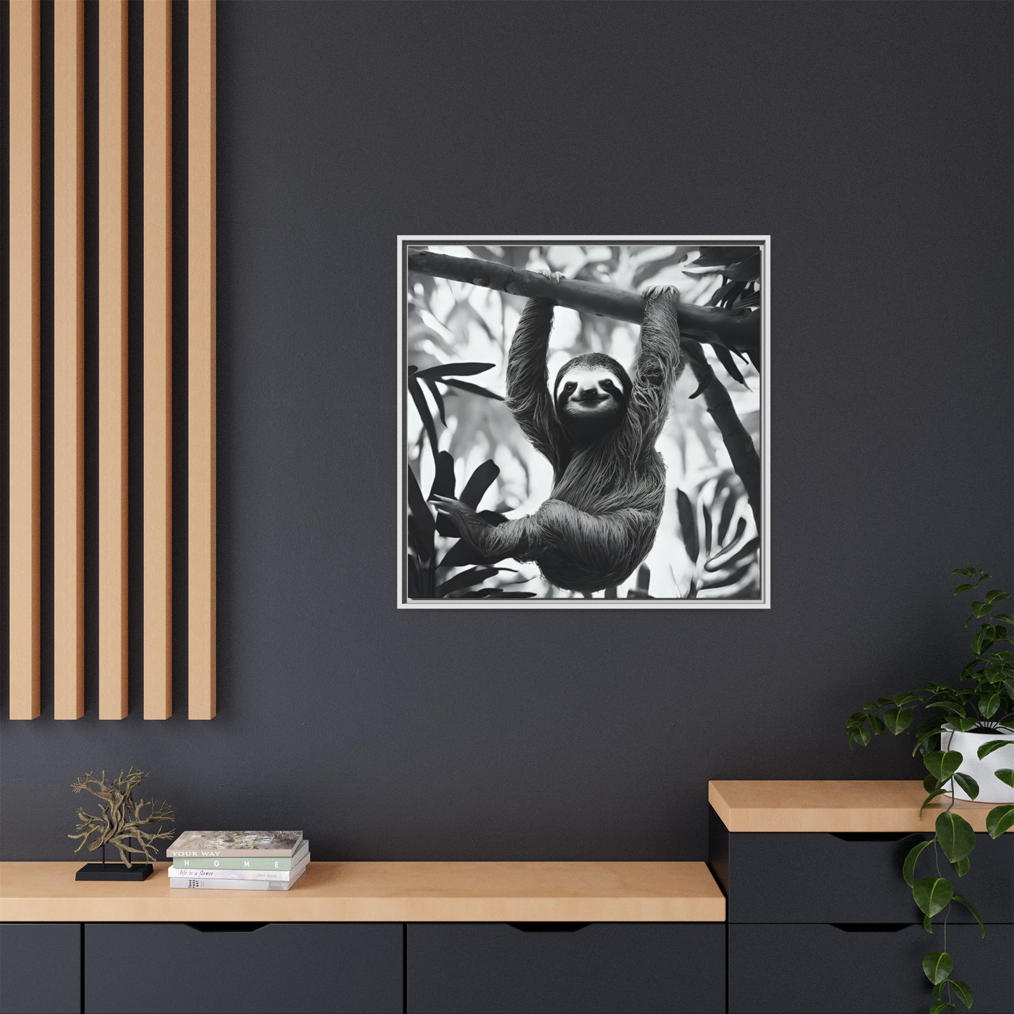 Playful Sloth Hanging from Tree Branch Black & White Animal Wall Art, Cute Sloth Photography Print, Jungle Theme Home Deco