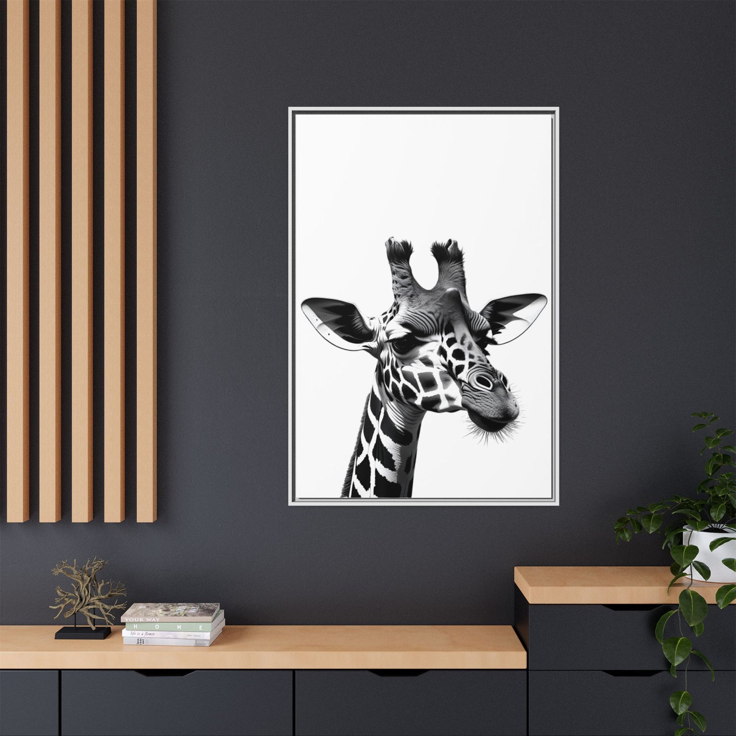 Black and White Giraffe Wall Art – Framed Safari Animal Canvas Print