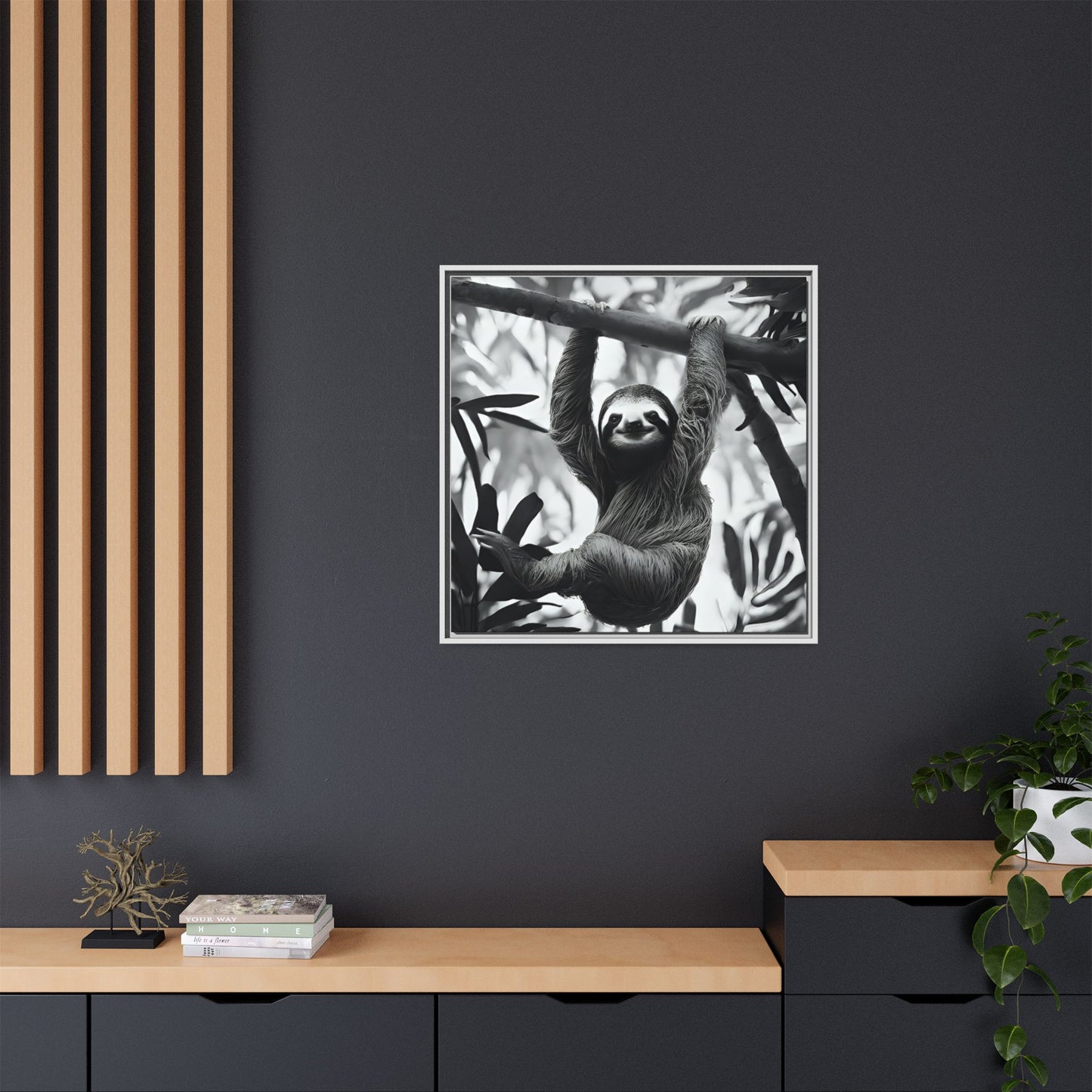 Playful Sloth Hanging from Tree Branch Black & White Animal Wall Art, Cute Sloth Photography Print, Jungle Theme Home Deco
