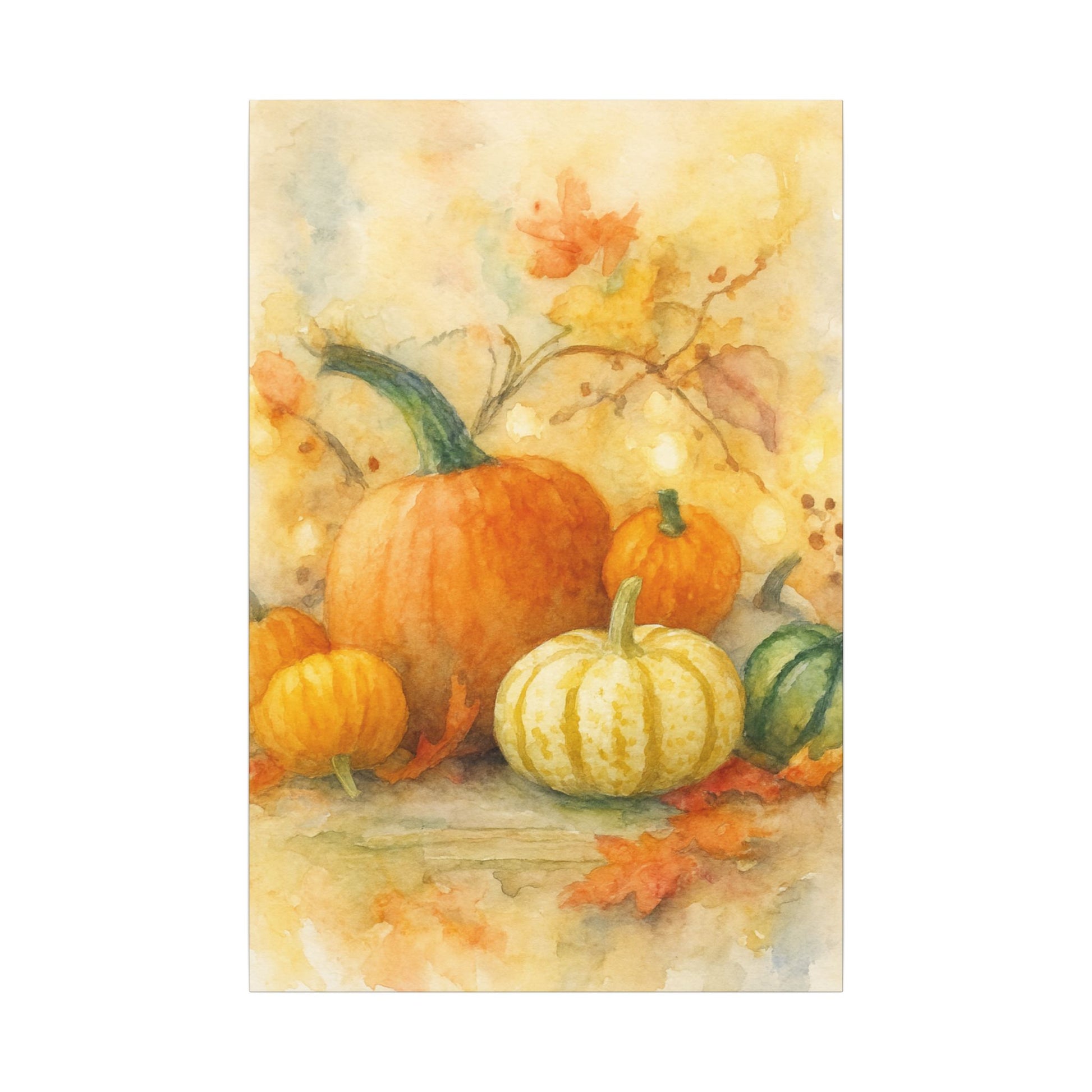 Illustration of pumpkins and gourds with autumn leaves on a watercolor background