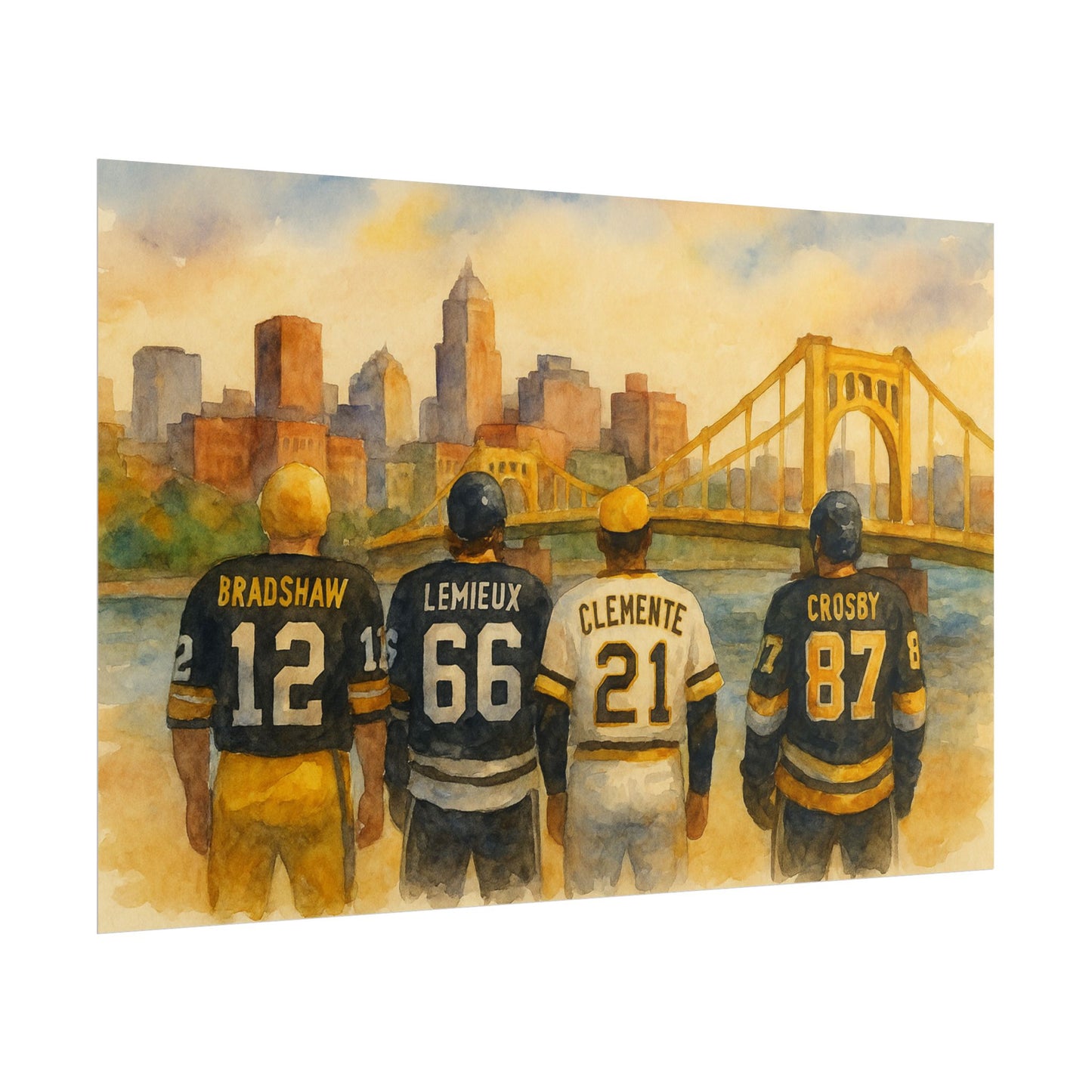 Pittsburgh sports legends in jerseys with numbers and names, standing in front of a cityscape with a bridge.