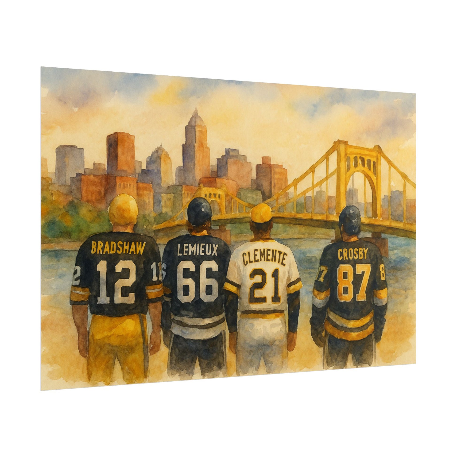 Pittsburgh sports legends in jerseys with numbers and names, standing in front of a cityscape with a bridge.
