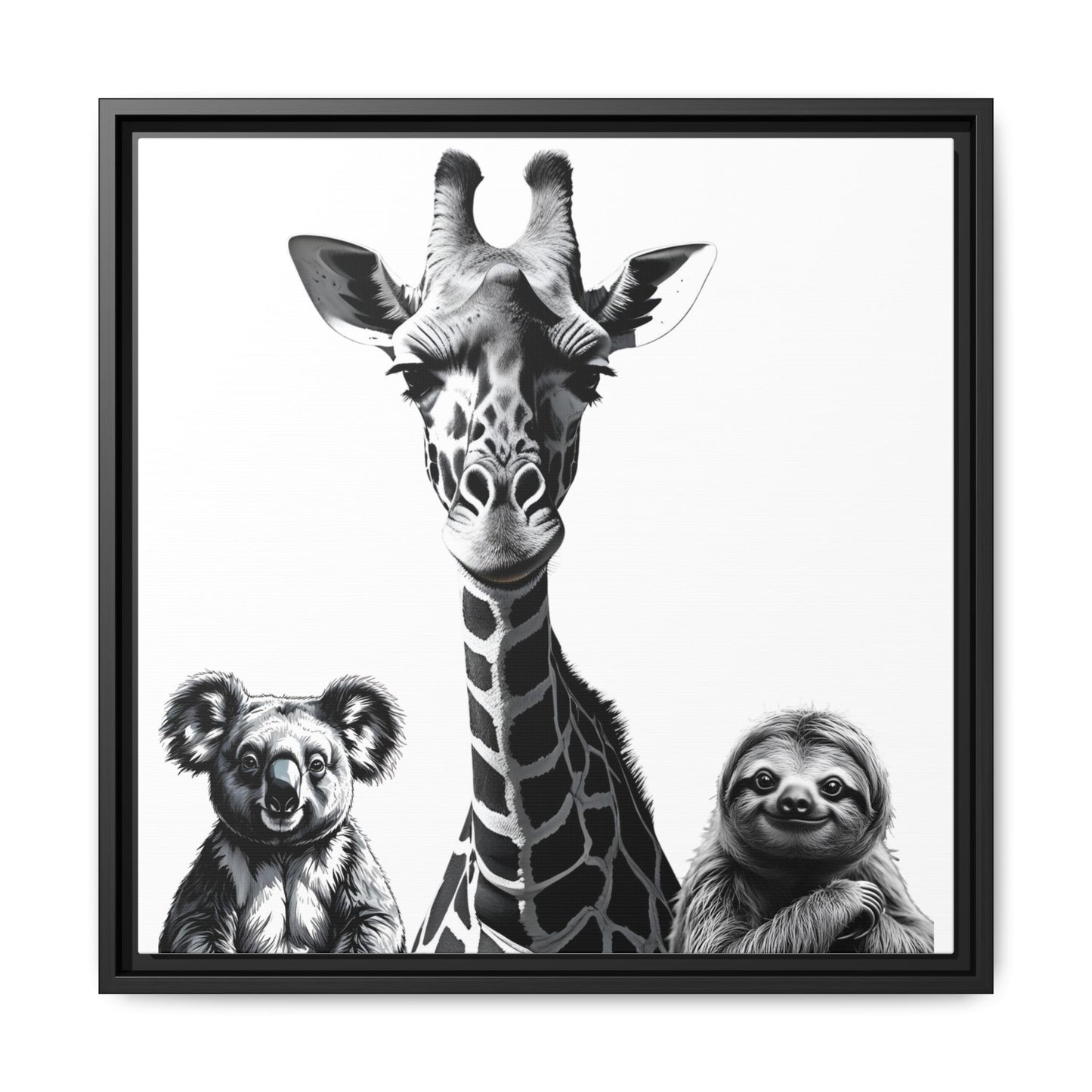 Framed artwork of a giraffe, koala, and sloth on a white background
