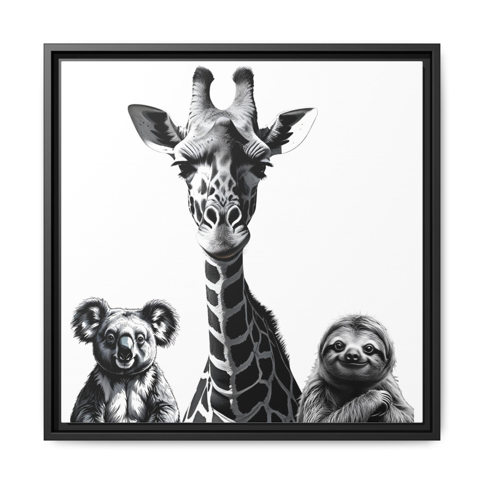 Framed artwork of a giraffe, koala, and sloth on a white background
