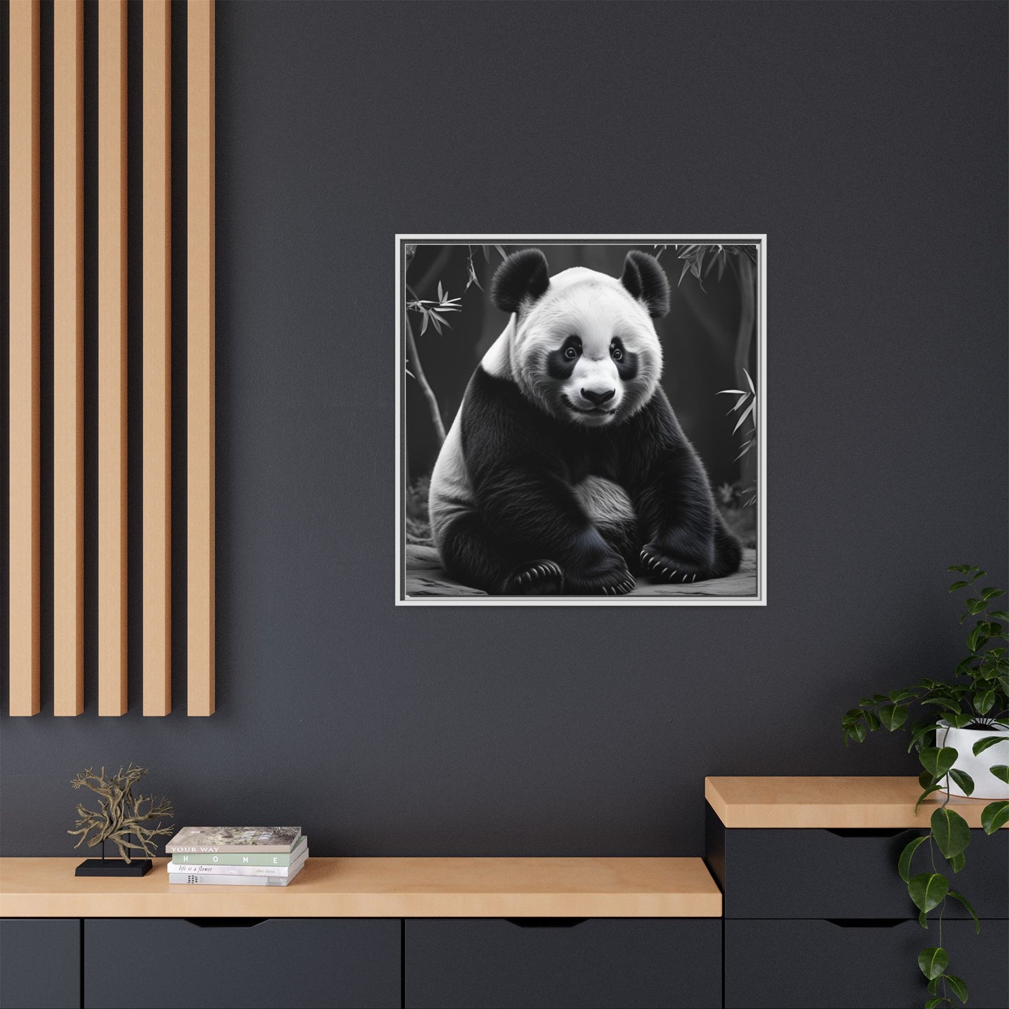 Poster of a panda bear on a dark wall with wooden shelves and decor.