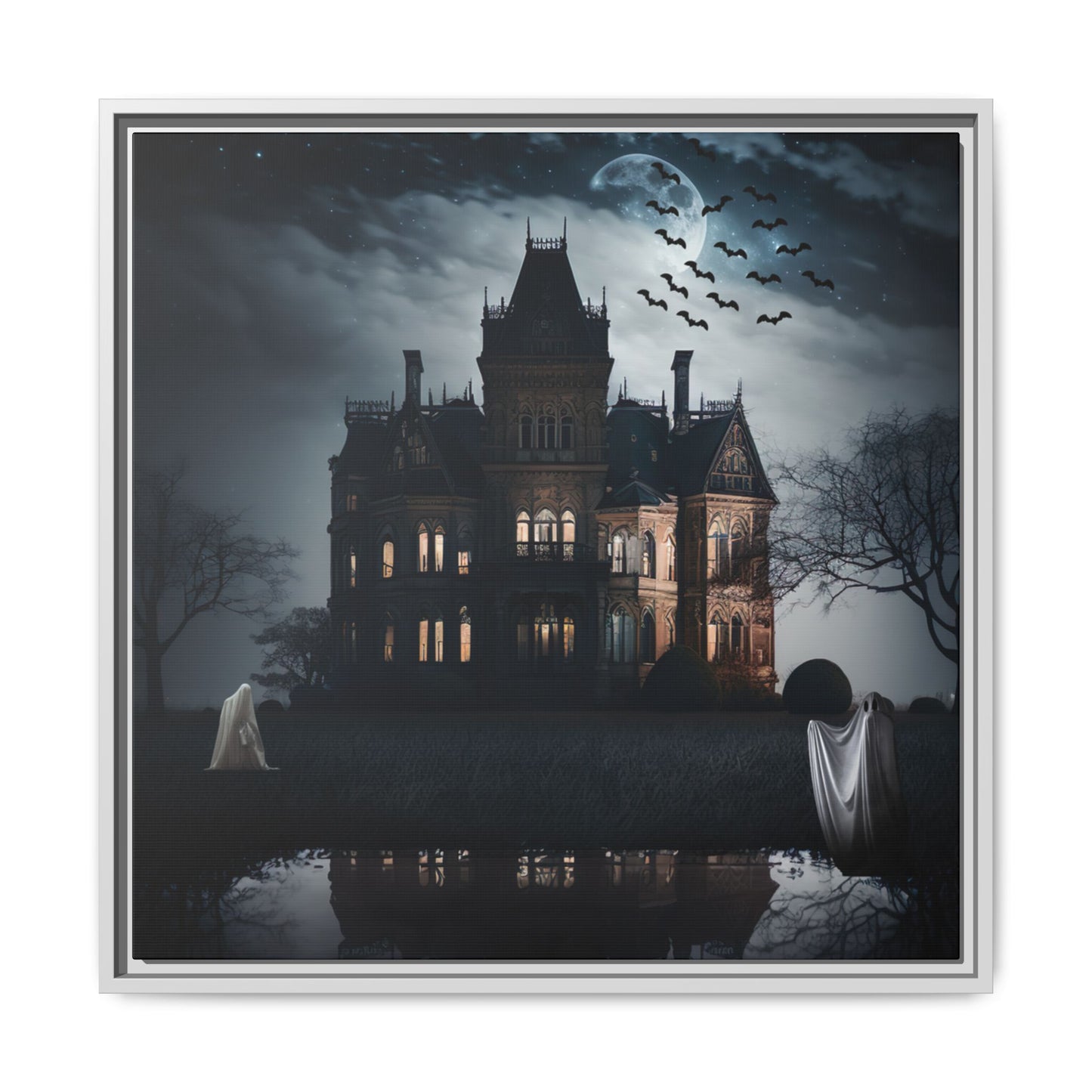 Mansion with ghostly figures and bats at night