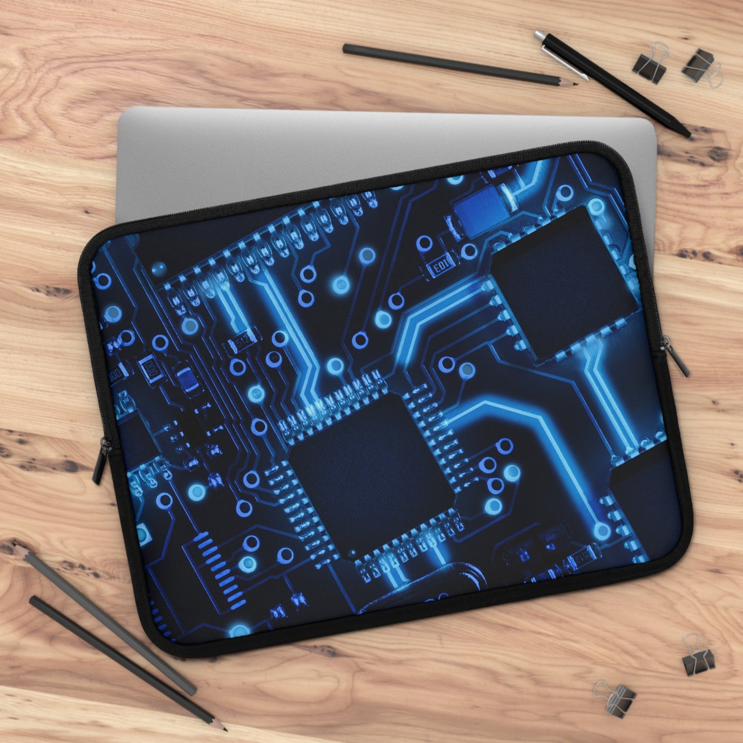 Blue Abstract Laptop Sleeve, Modern Circuit Board Case, Stylish Protective Cover