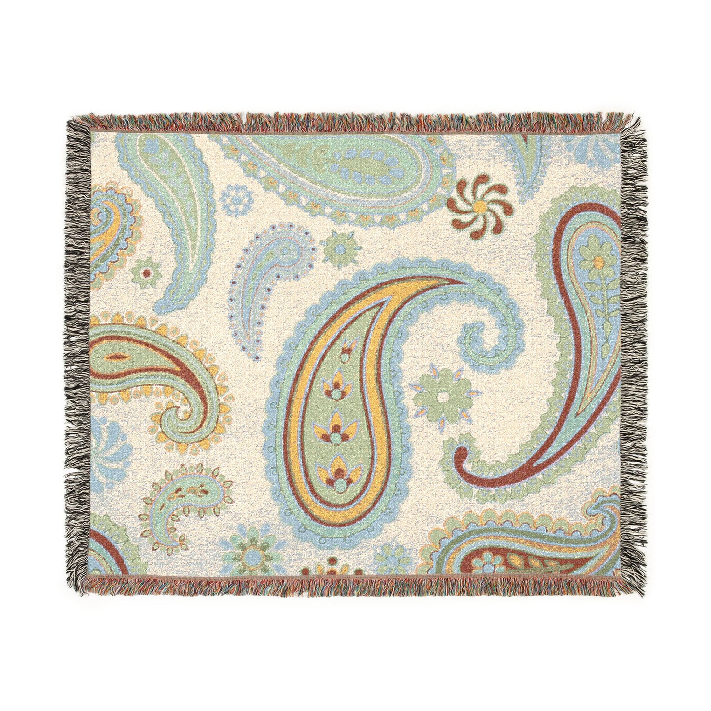 Paisley patterned throw blanket with colorful design on a white background