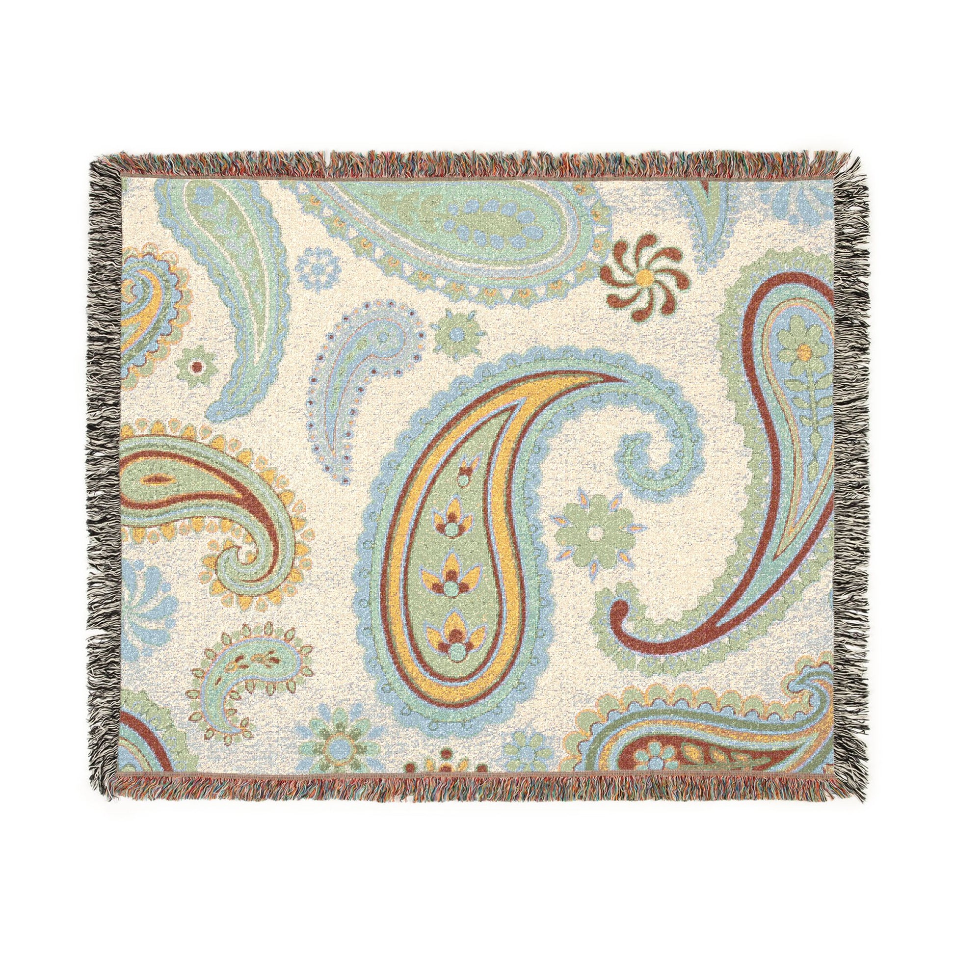 Paisley patterned throw blanket with colorful design on a white background