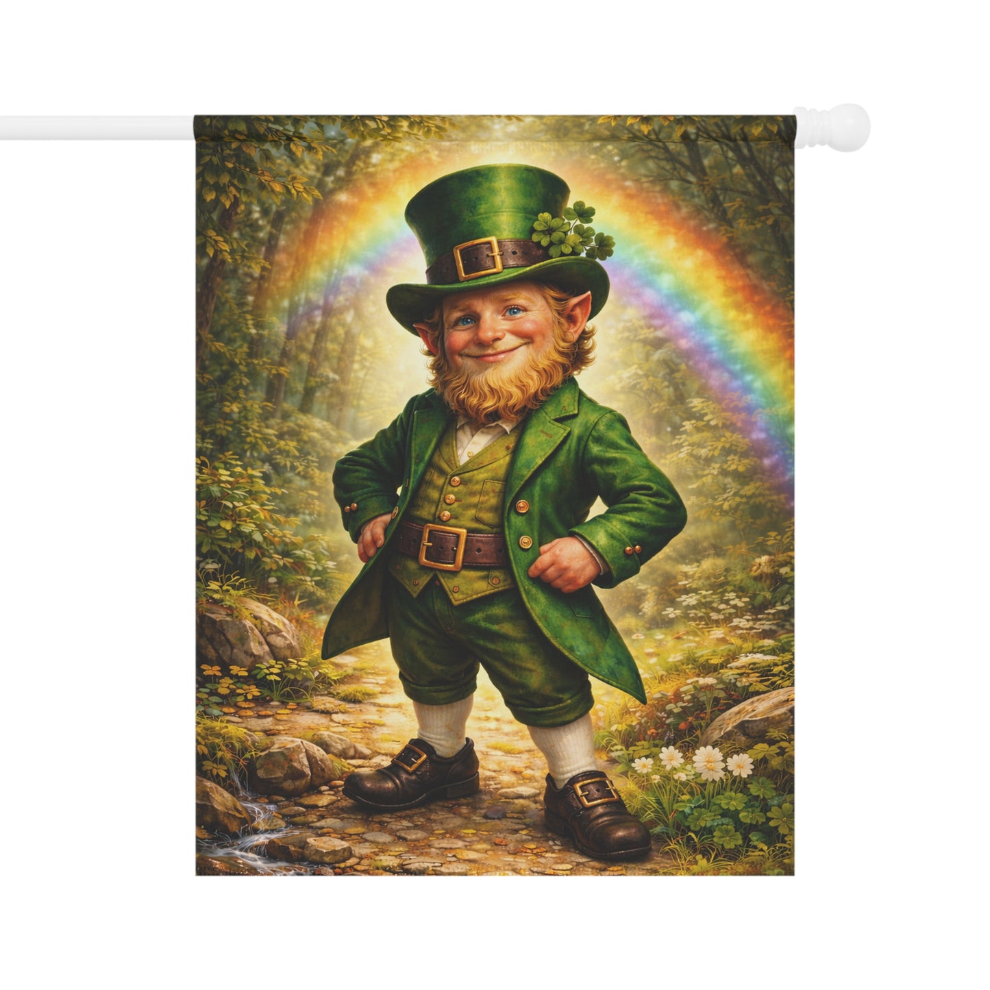 Leprechaun flag with a rainbow in the background