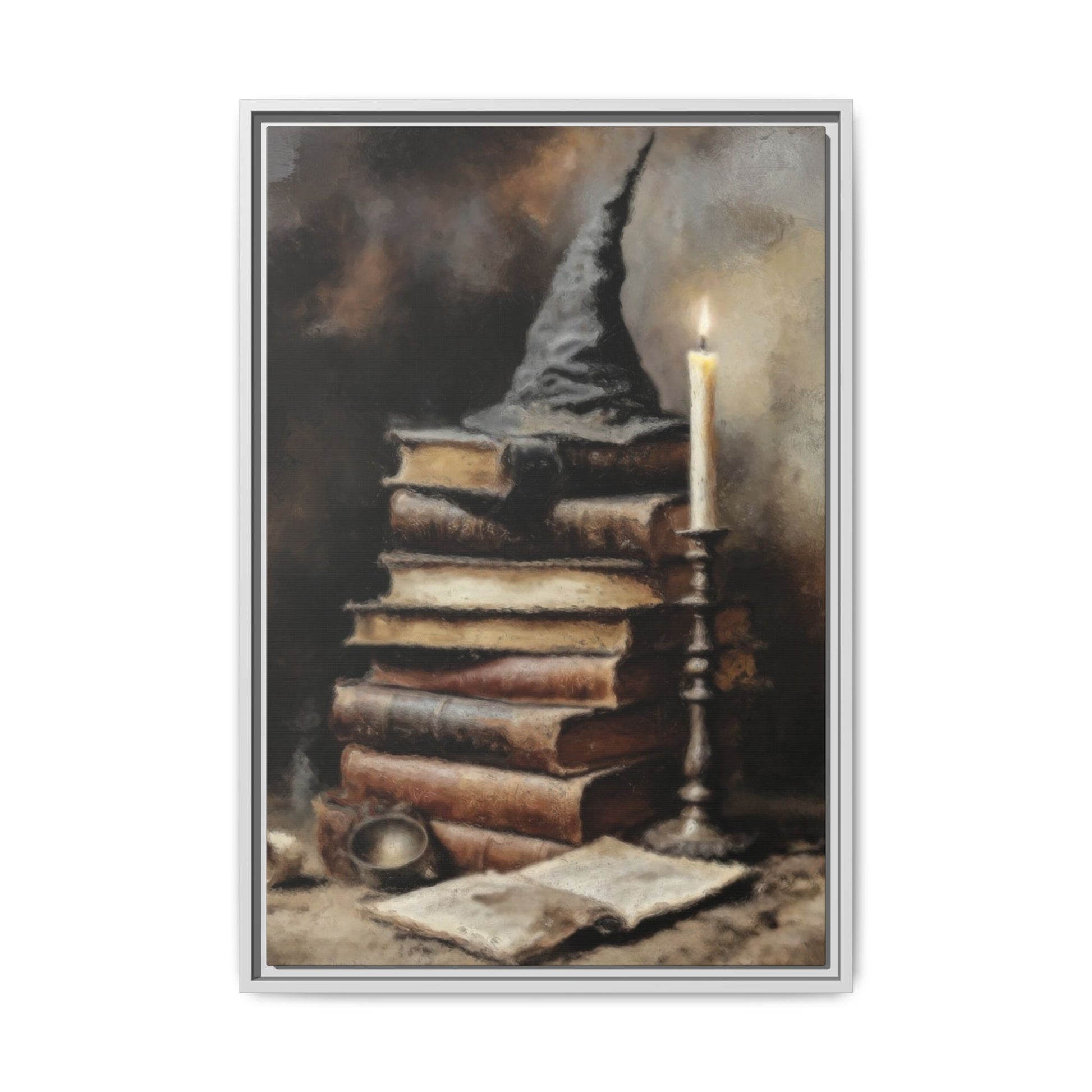 Framed artwork of a wizard's hat on books with a candle, on a white background