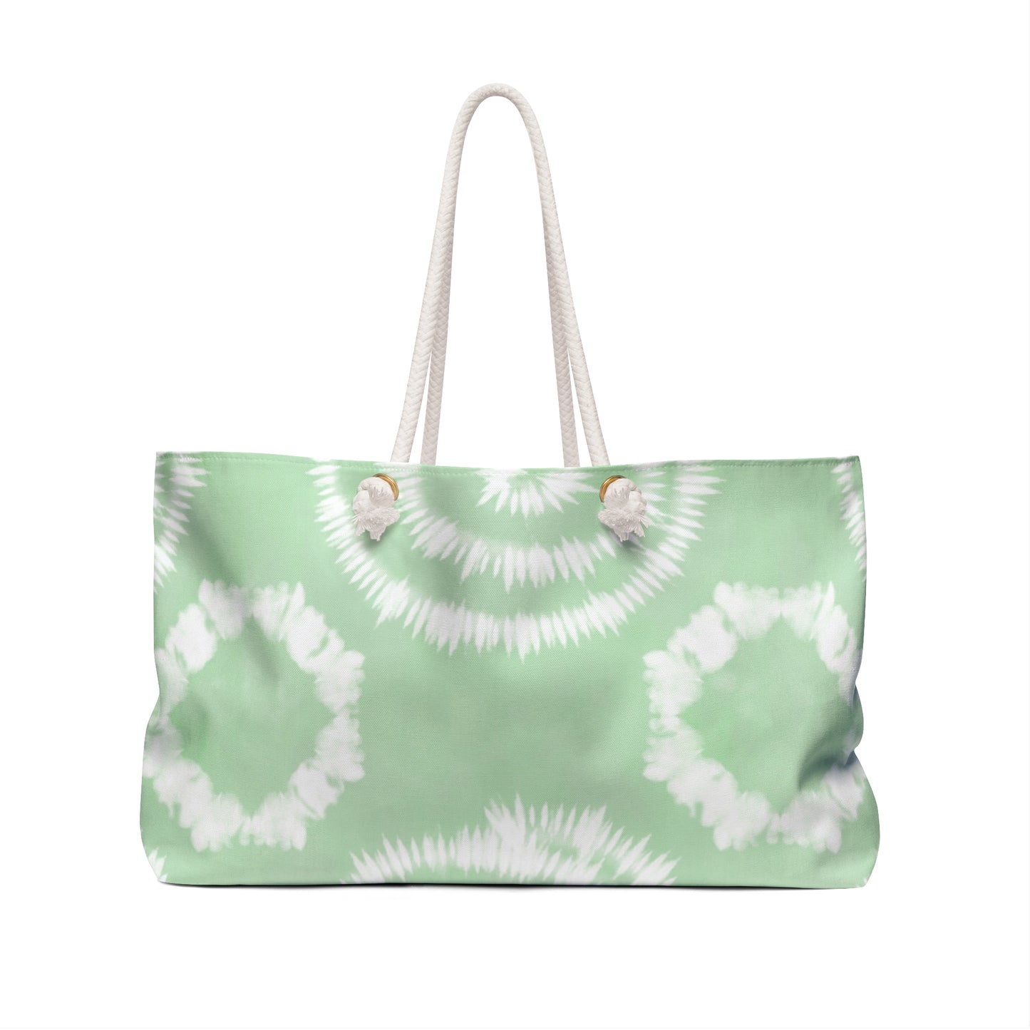 Green and white tie-dye tote bag with floral accents on a white background