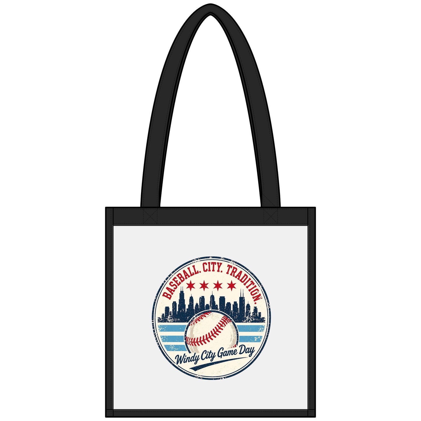 Tote bag with baseball-themed design and text on a white background