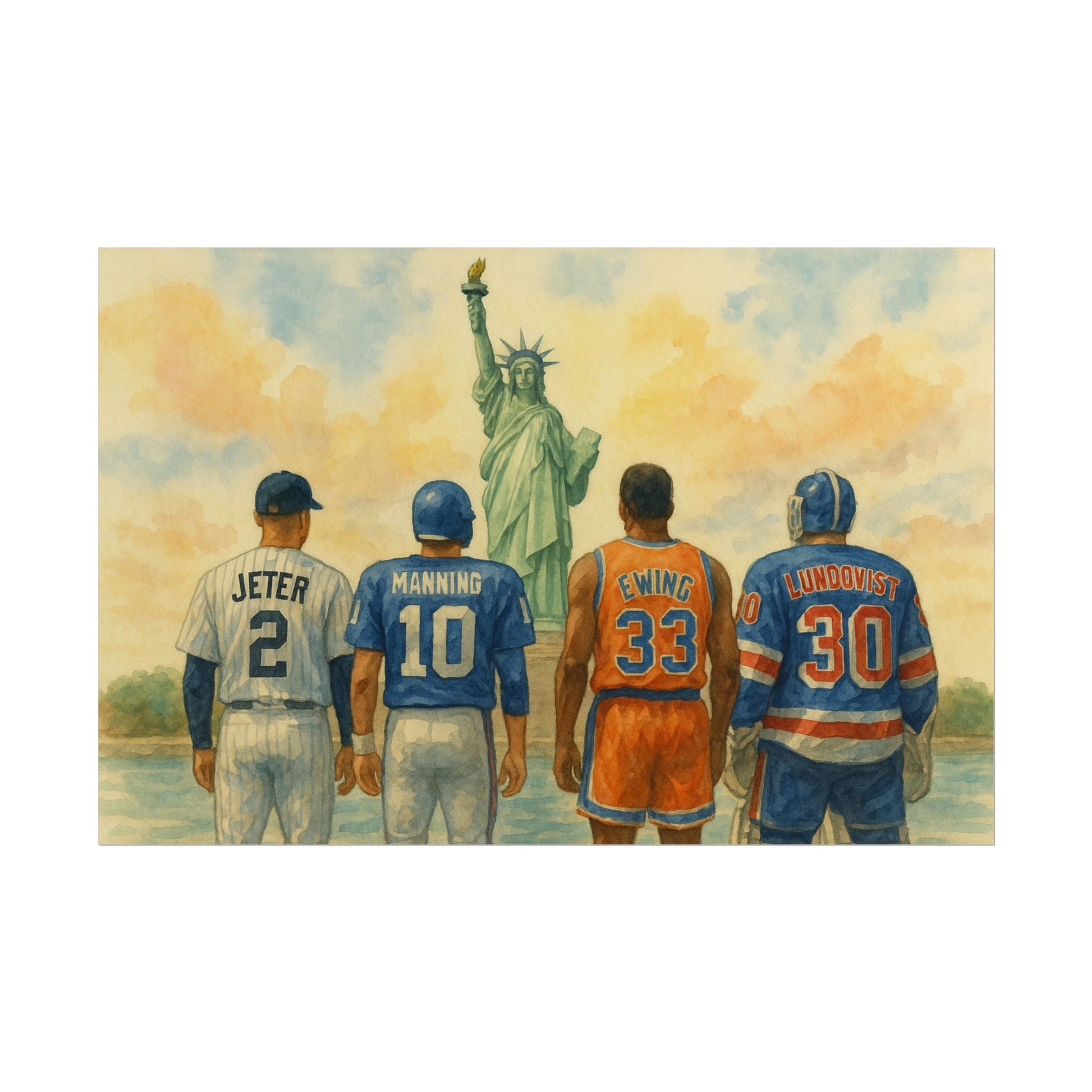 Four New York sports legends in  jerseys standing in front of the Statue of Liberty.