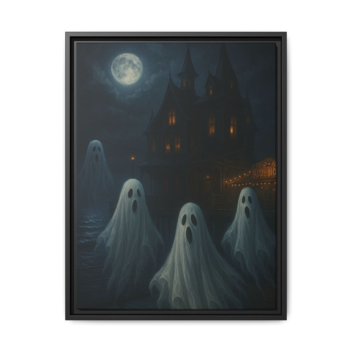 Haunted House Ghost Canvas Wall Art – Spooky Halloween Framed Art, Vintage Horror Decor, Gothic Night Scene Print