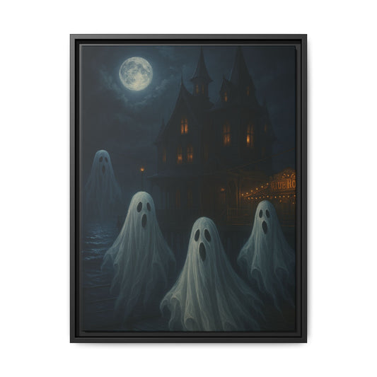 Haunted House Ghost Canvas Wall Art – Spooky Halloween Framed Art, Vintage Horror Decor, Gothic Night Scene Print