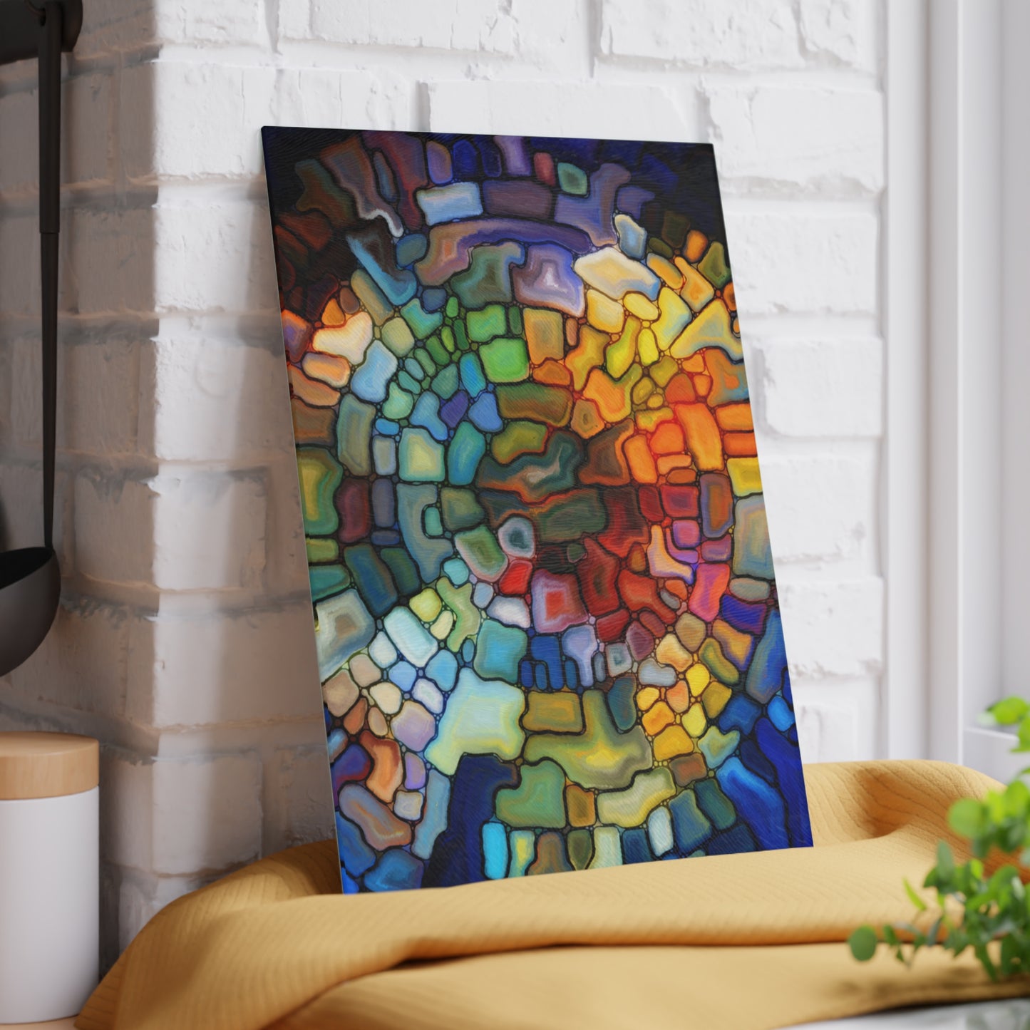 Stained Glass Mosaic Spiral Glass Cutting Board | Colorful Abstract Kitchen Decor