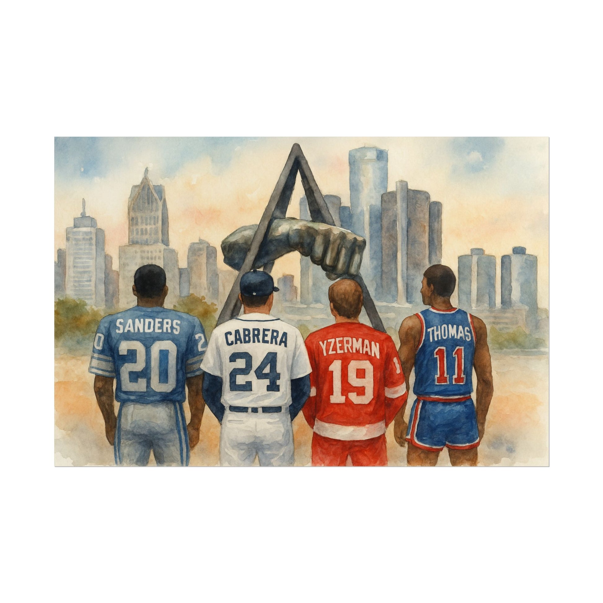 Detroit athletes in sports jerseys standing in front of a statue with a city skyline in the background