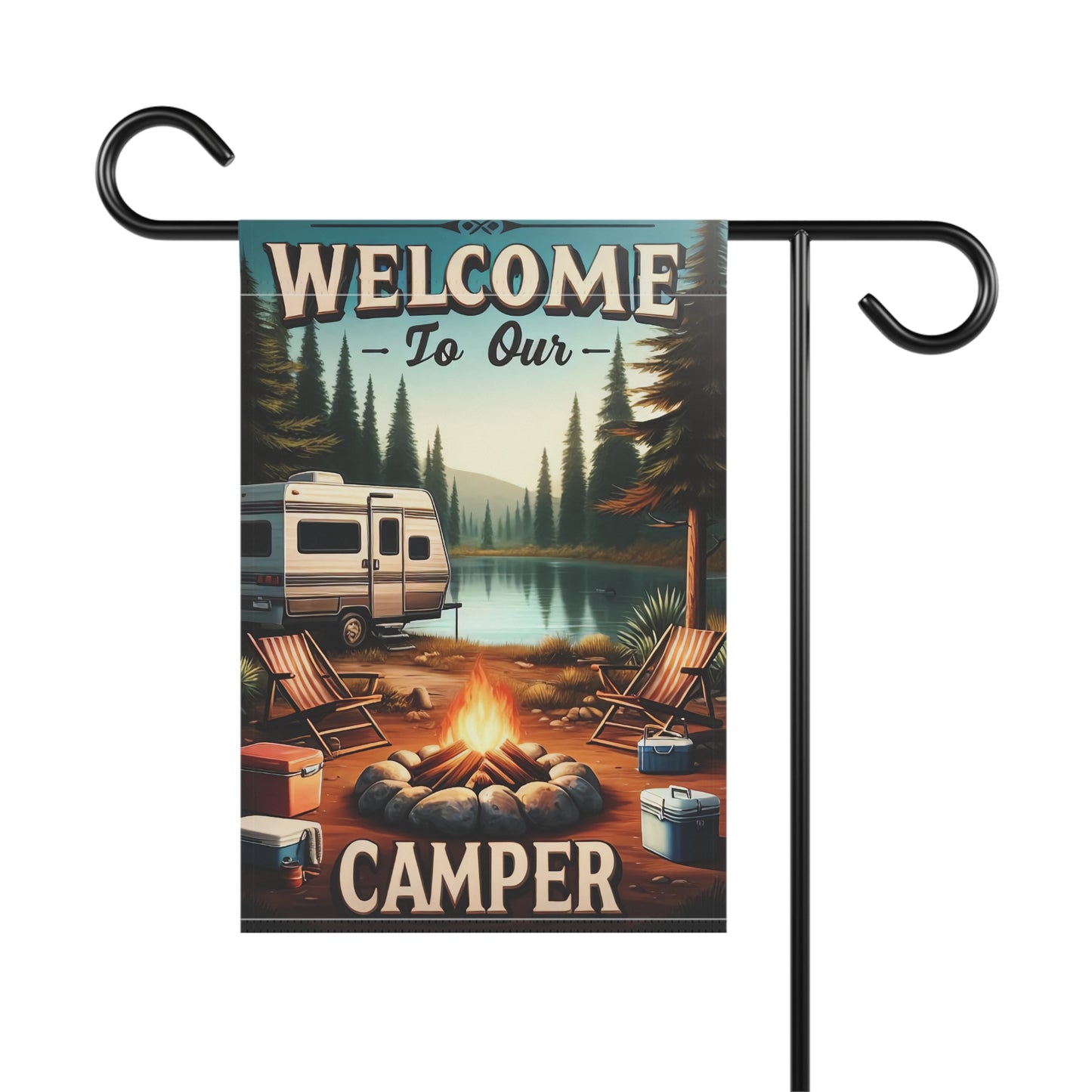 Decorative garden flag with a camping scene and 'Welcome to Our Camper' text.