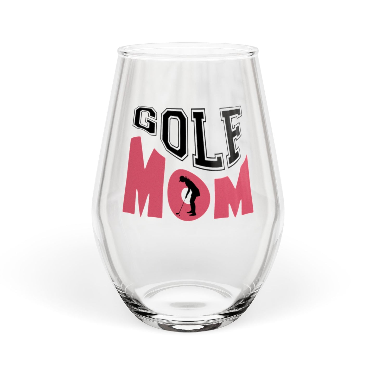 Clear glass with 'GOLF MOM' text and a golfer graphic on a white background