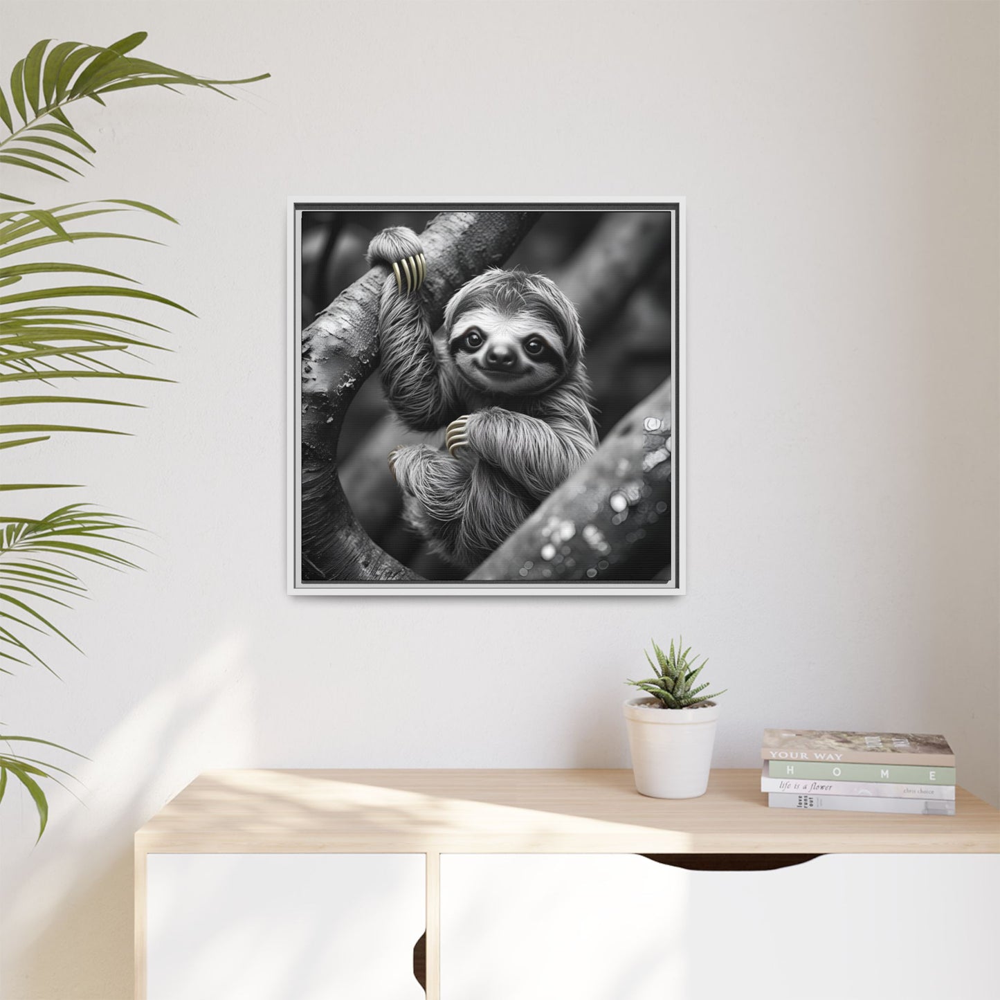 Smiling Sloth Hanging on Tree Branch Wall Art on Framed Canvas, Sloth Lover Gift, Nursery Decor, Wildlife Artwork