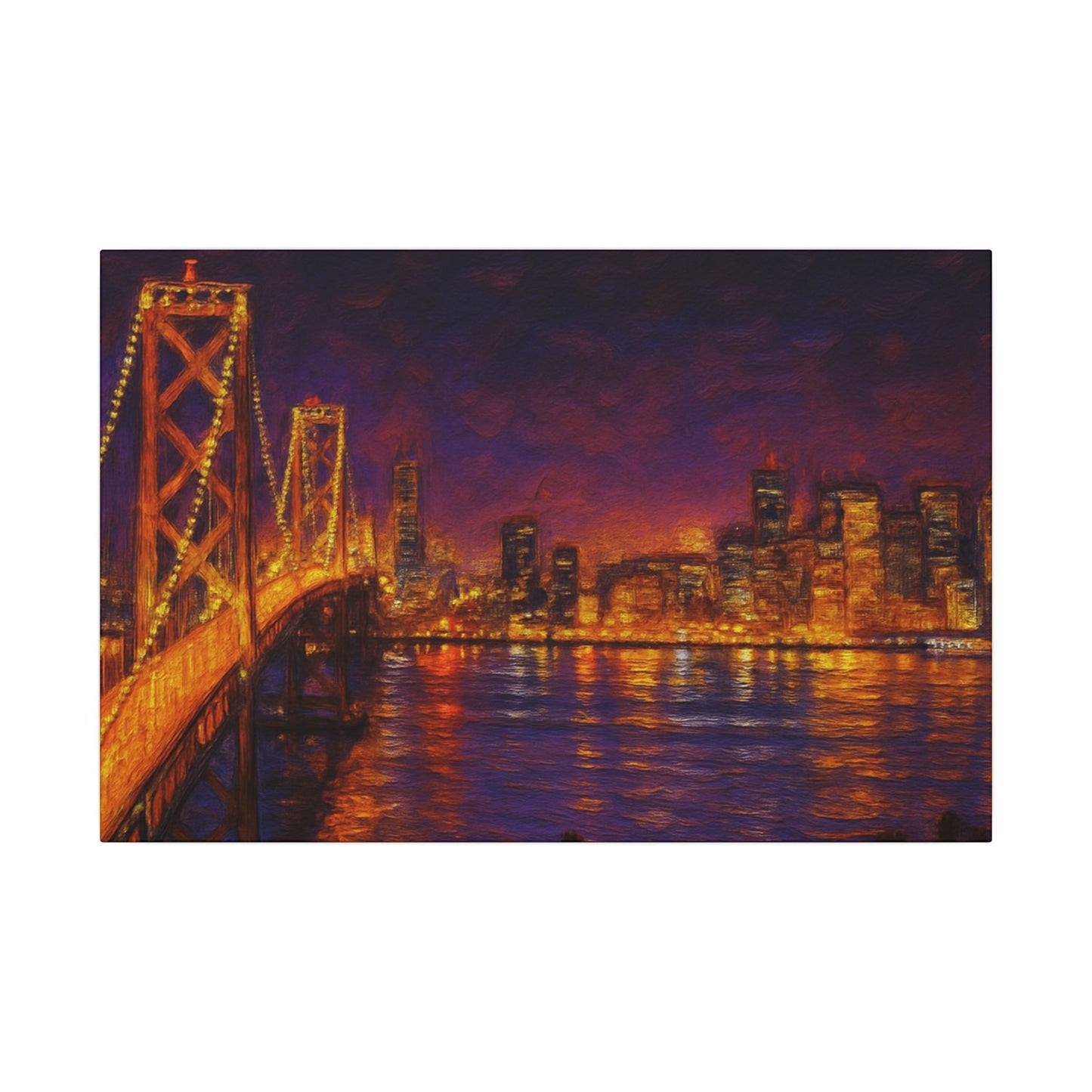 City skyline with a bridge at night, illuminated by lights.