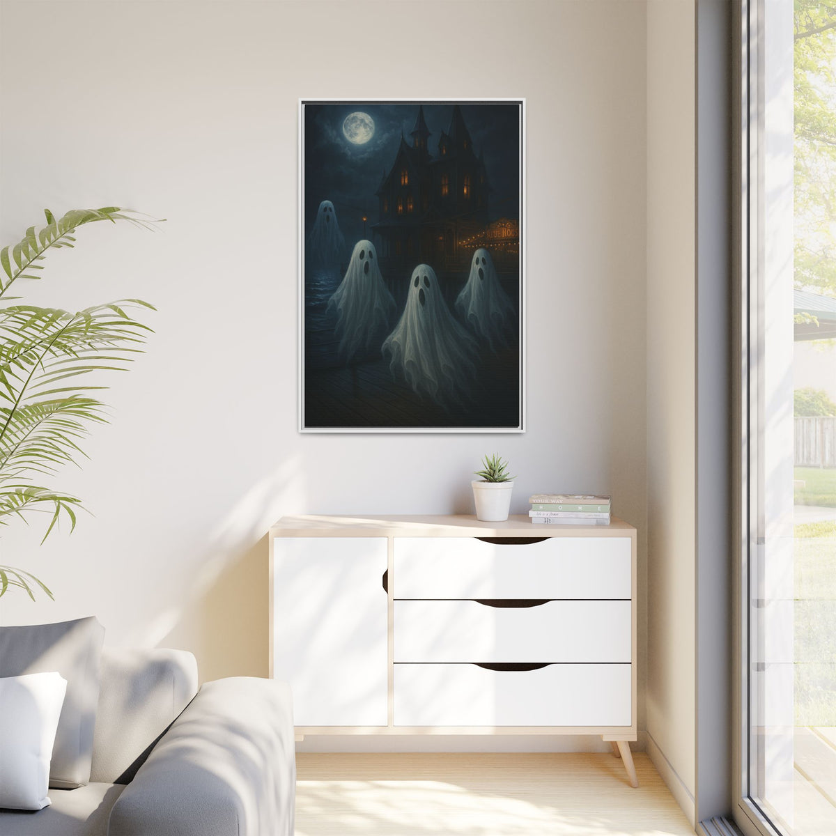 Haunted House Ghost Canvas Wall Art – Spooky Halloween Framed Art, Vintage Horror Decor, Gothic Night Scene Print