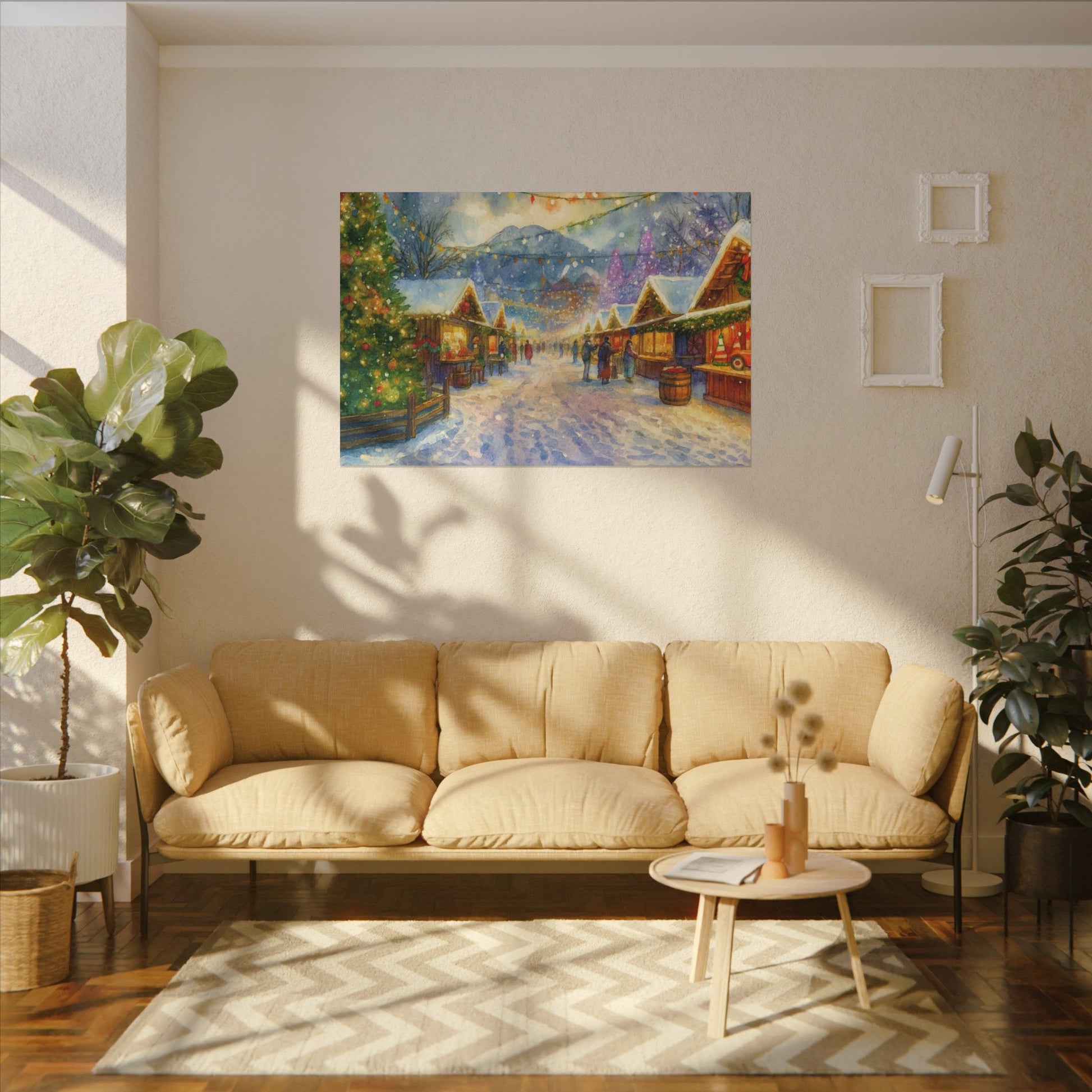 Living room with beige sofa, coffee table, and decorative plants.