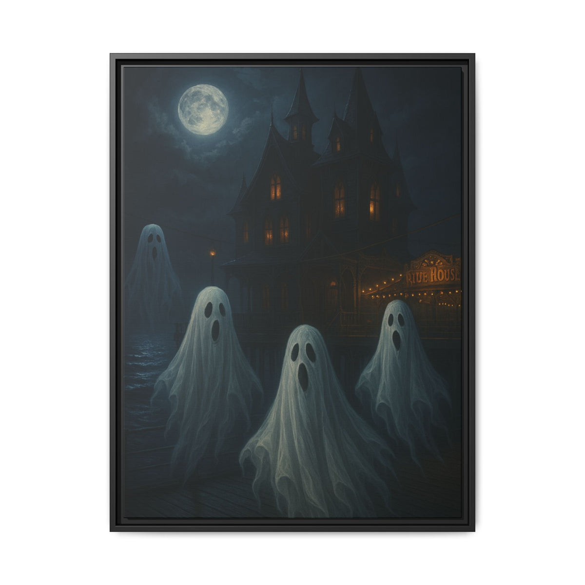 Haunted House Ghost Canvas Wall Art – Spooky Halloween Framed Art, Vintage Horror Decor, Gothic Night Scene Print