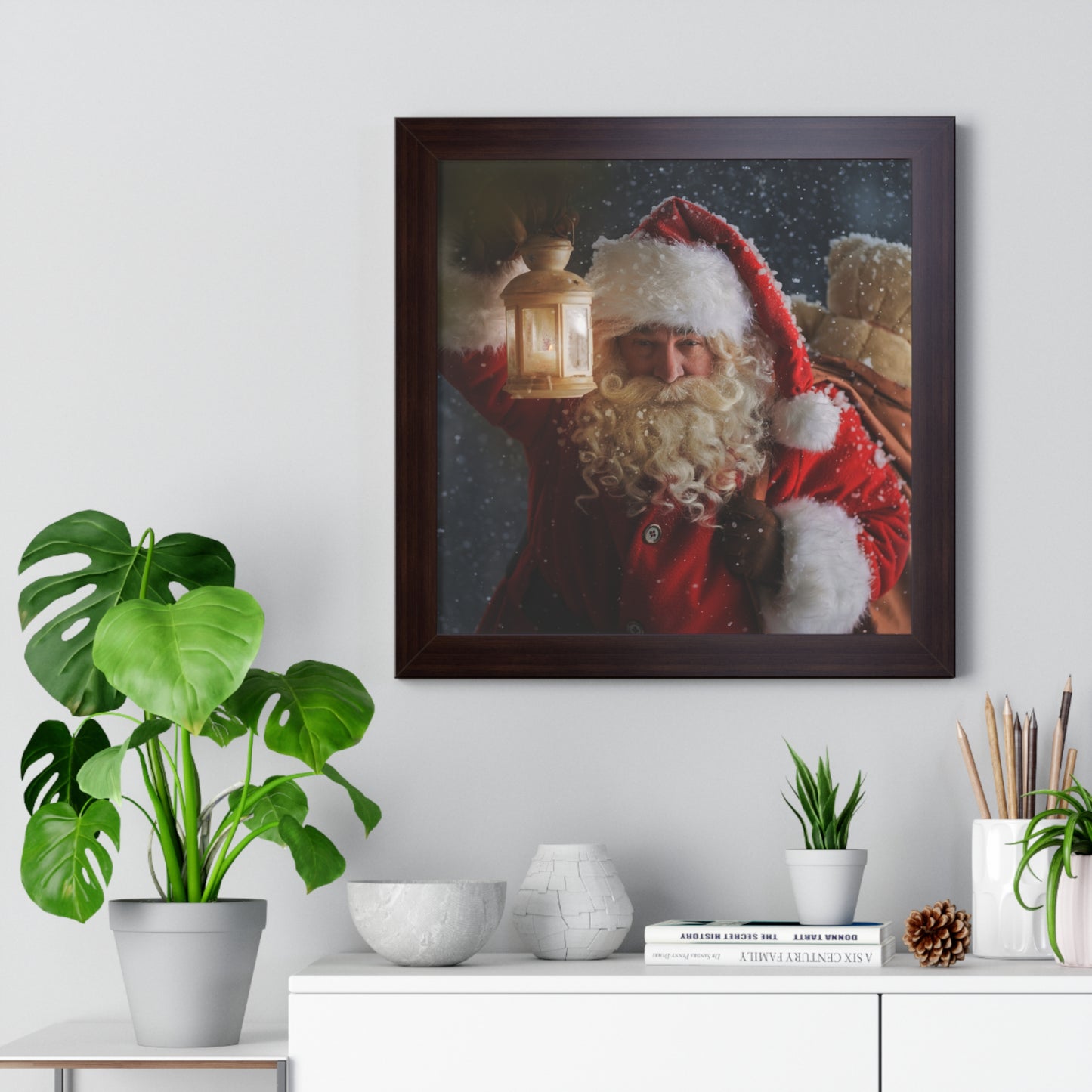 Christmas Wall Art Vintage Santa Claus with Lantern and Toy Bag | Vintage Mantle Art