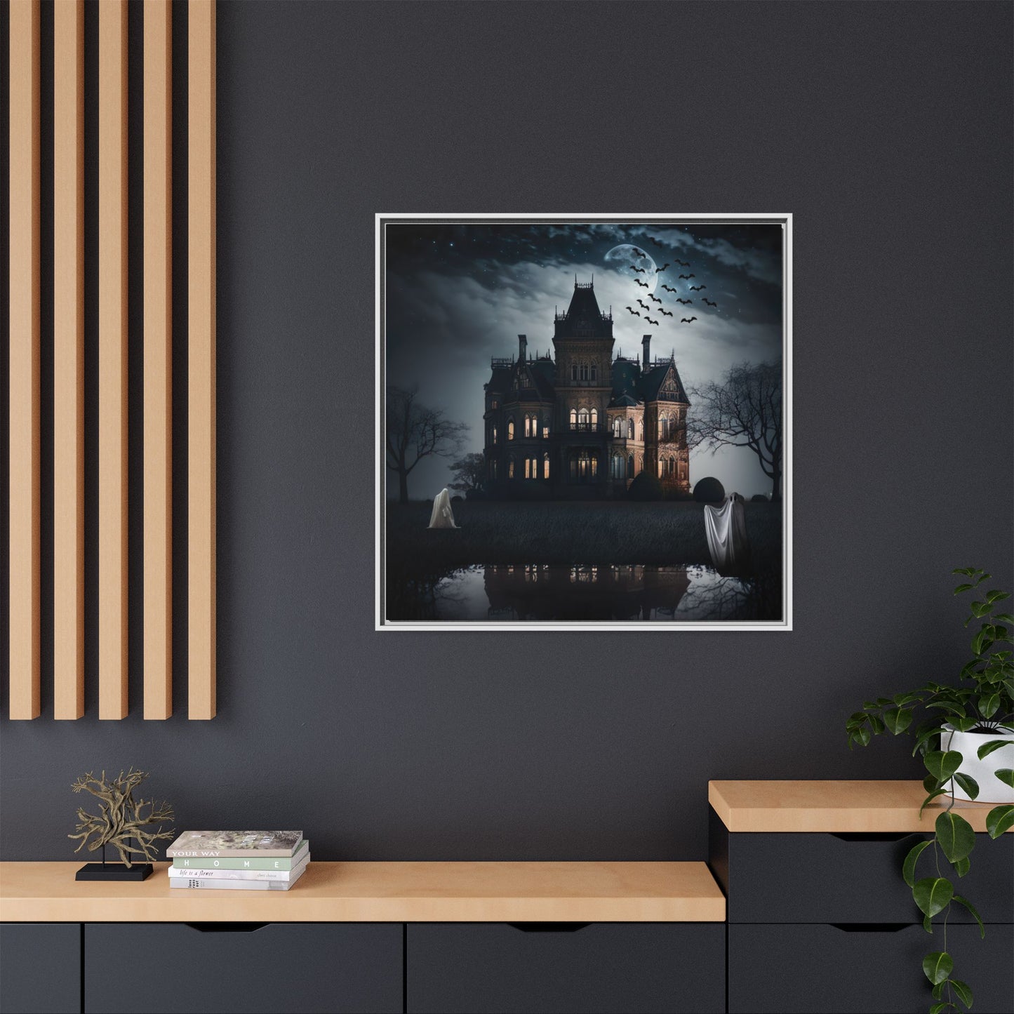 Mansion at night with ghosts and bats, framed artwork