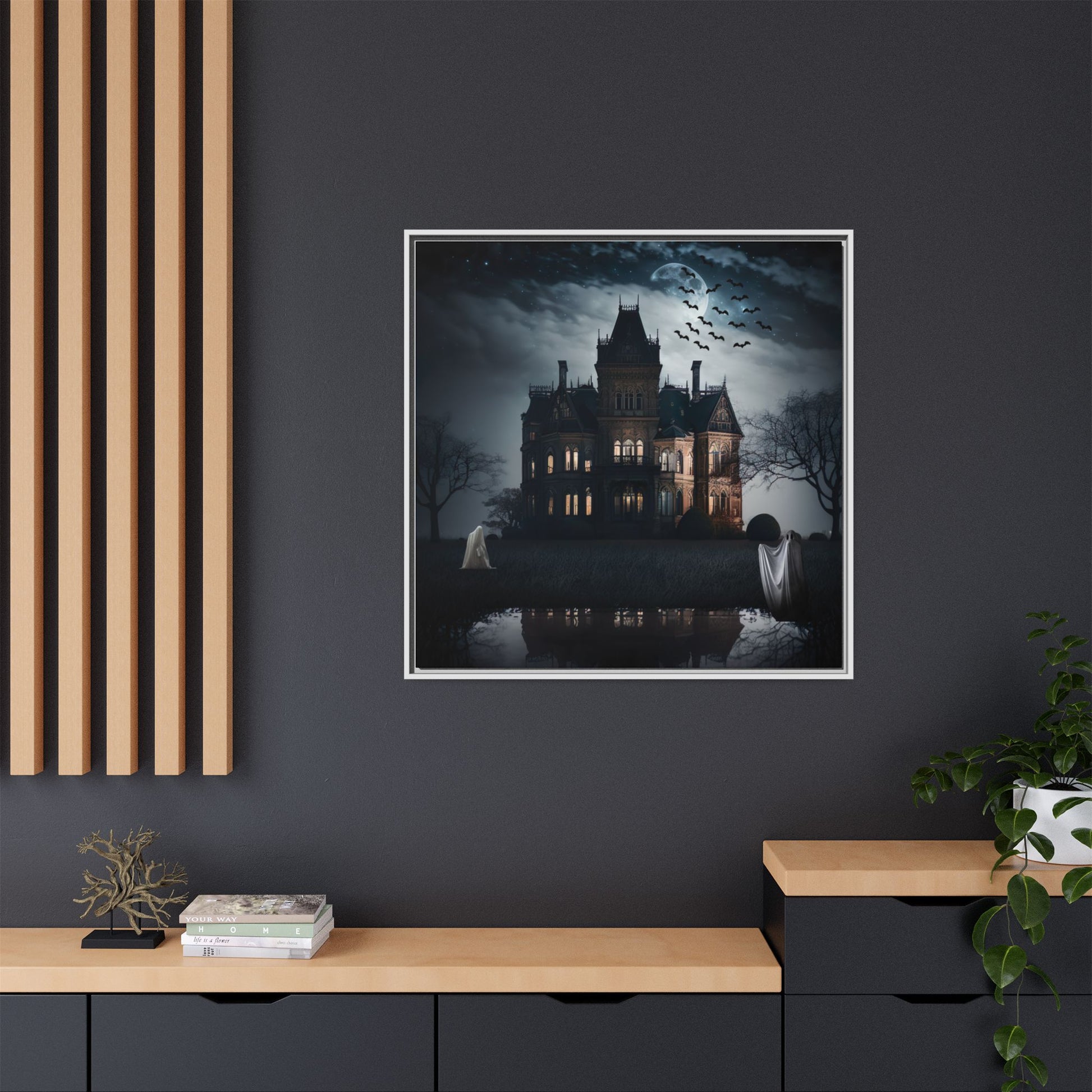 Mansion at night with ghosts and bats, framed artwork