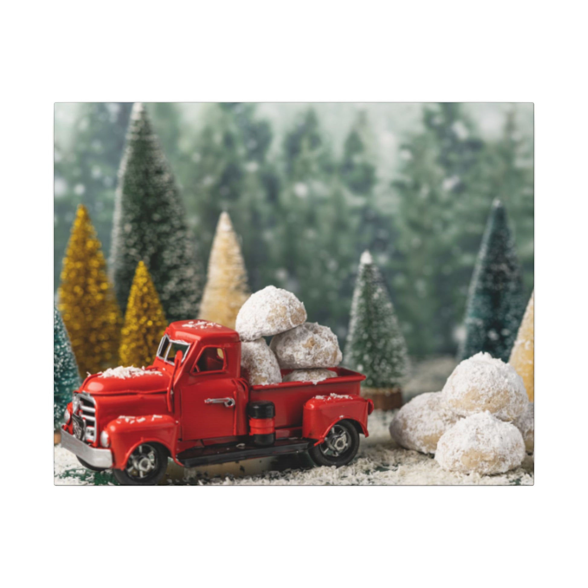 Red toy truck with snow-covered trees in a snowy forest setting