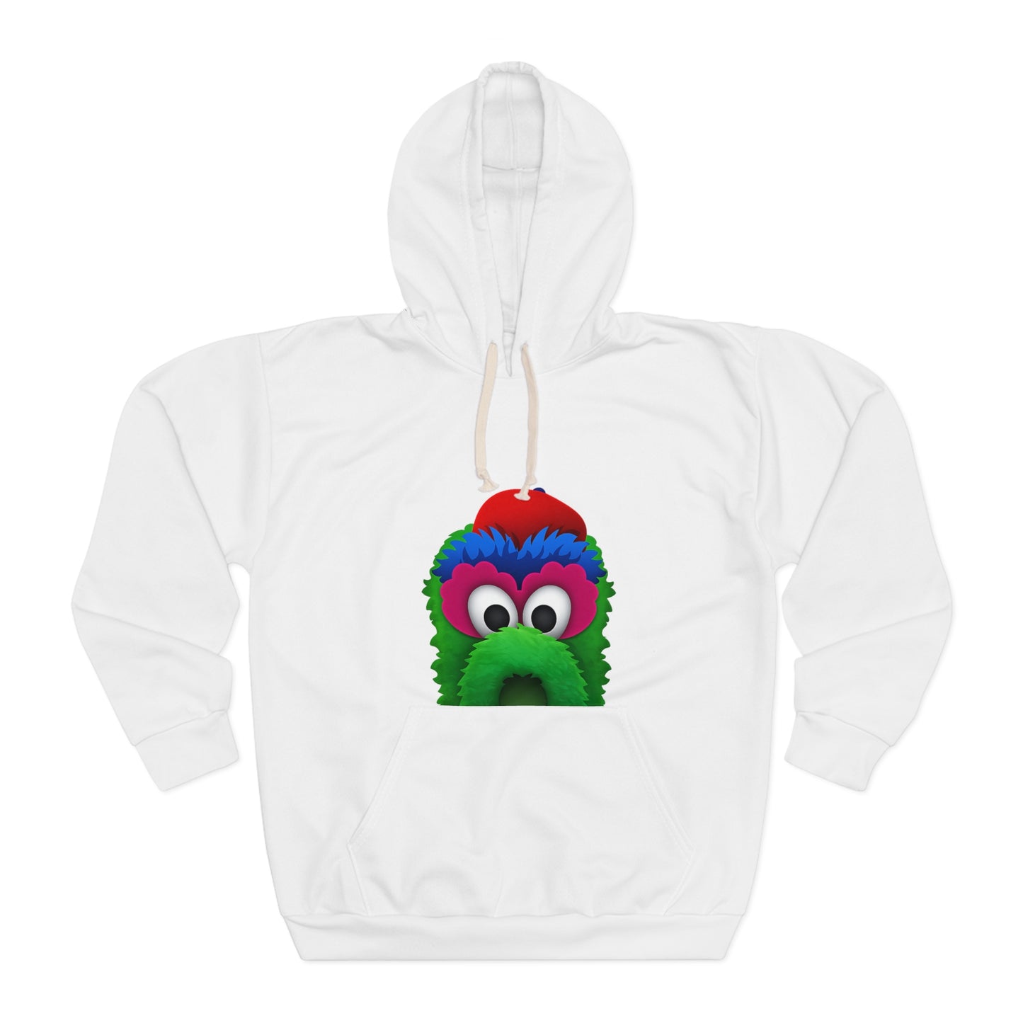 White hoodie with a colorful character design on a white background
