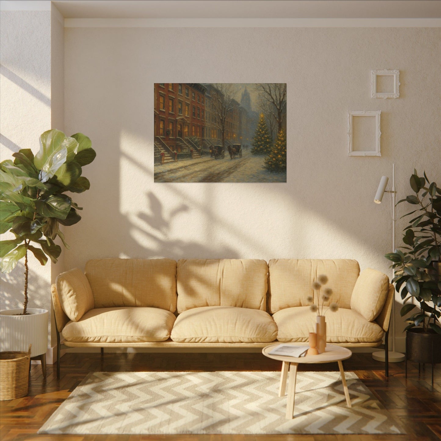 Living room with a beige sofa, coffee table, and wall art of a landscape with a horse and person.