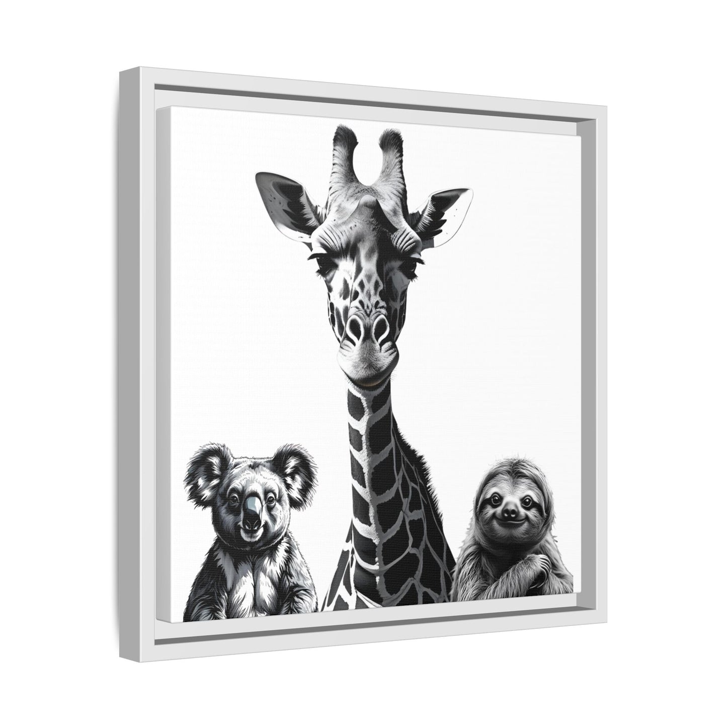 Framed artwork of a giraffe, koala, and sloth with a white border.