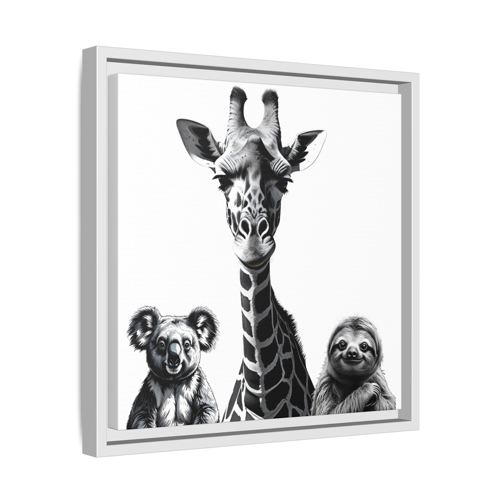 Framed artwork of a giraffe, koala, and sloth with a white border.