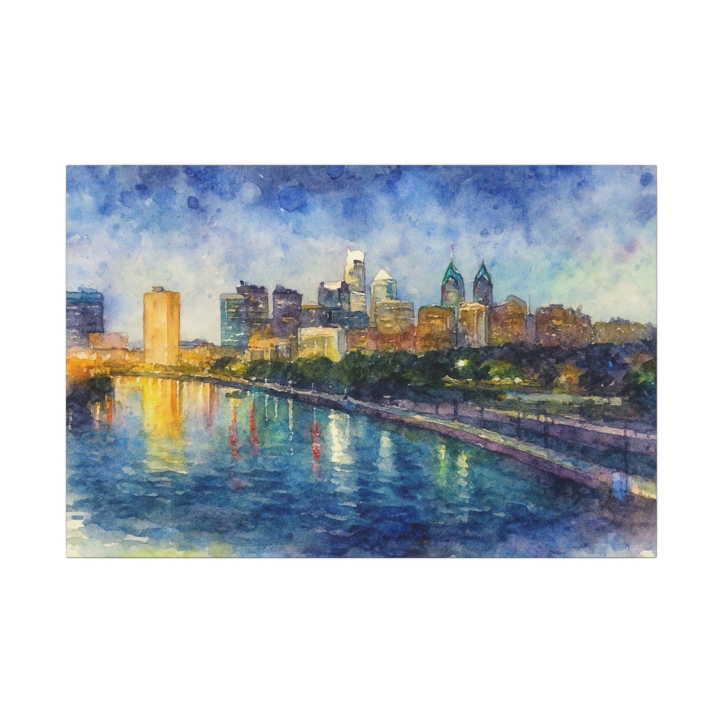 City skyline reflected in water with a colorful sky