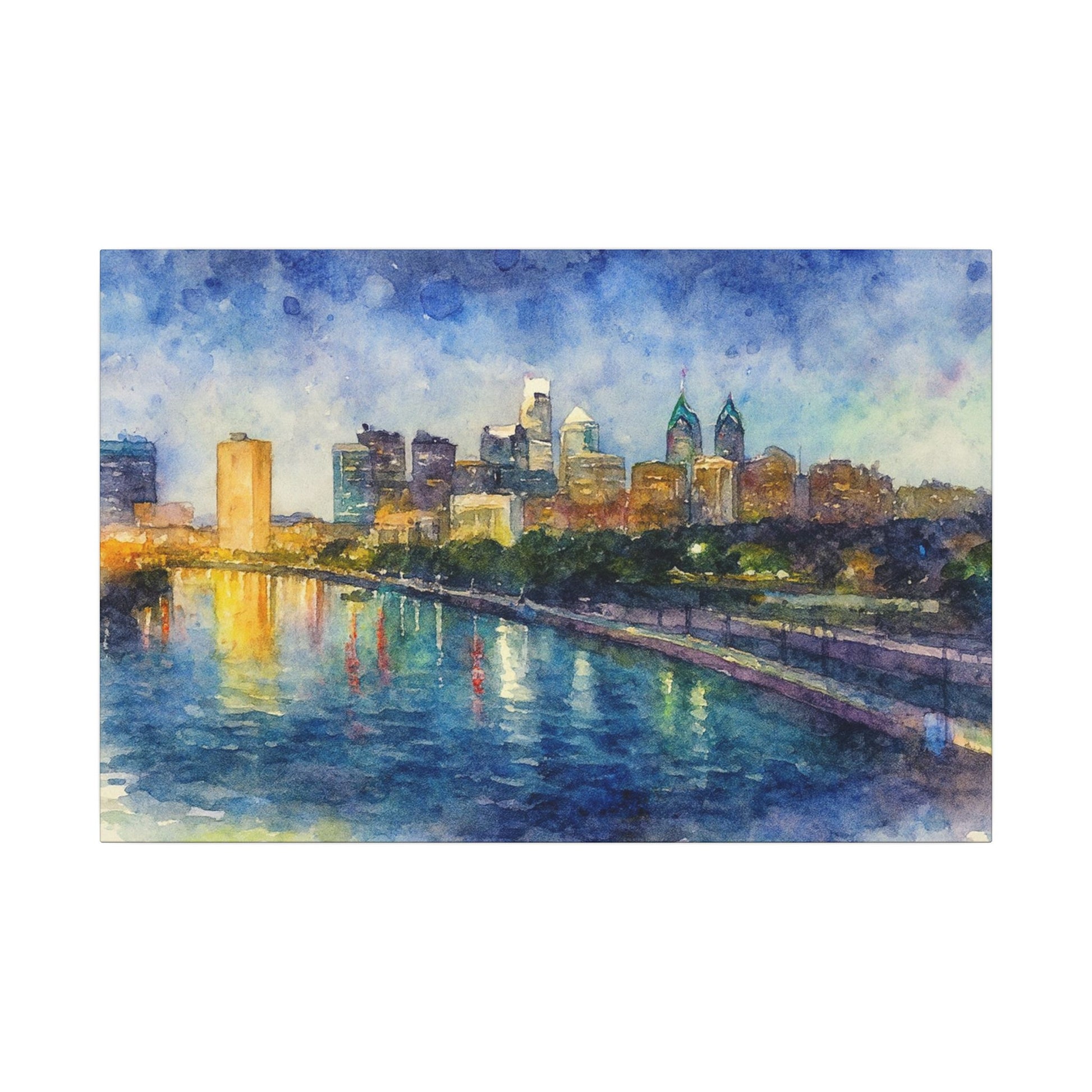 City skyline reflected in water with a colorful sky
