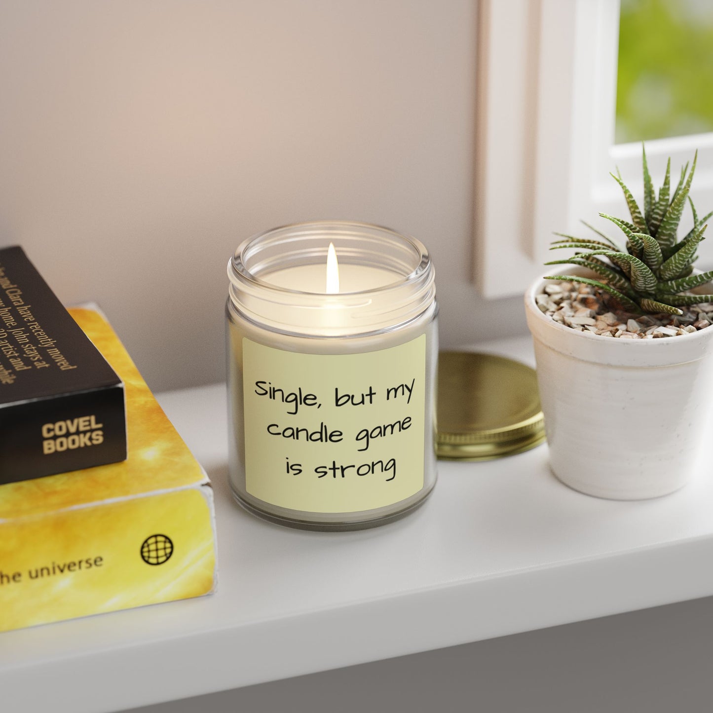 Candle with a humorous label on a shelf next to a book and plant