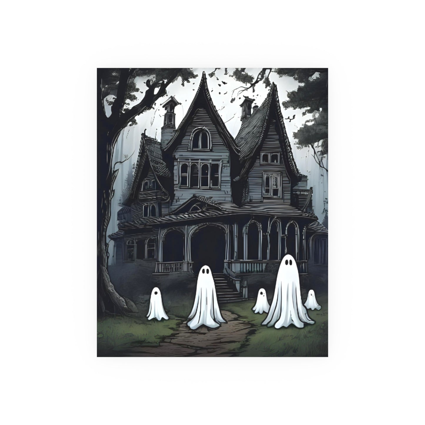Haunted Victorian House Ghost Wall Art Print | Spooky Cute Halloween Ghost Illustration | Gothic Haunted House Decor | Halloween Wall Art