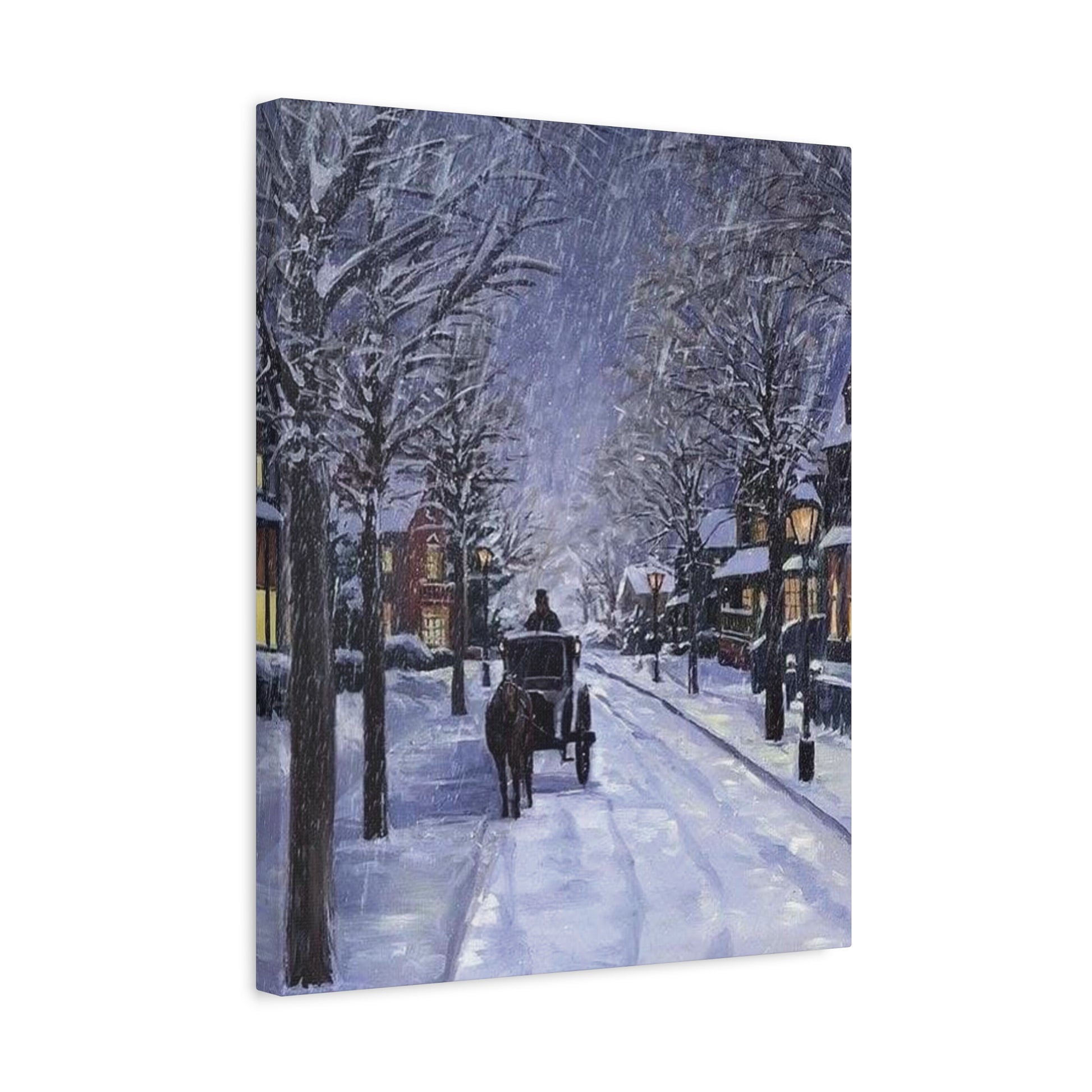 Canvas print of a snowy street scene with a horse-drawn carriage.