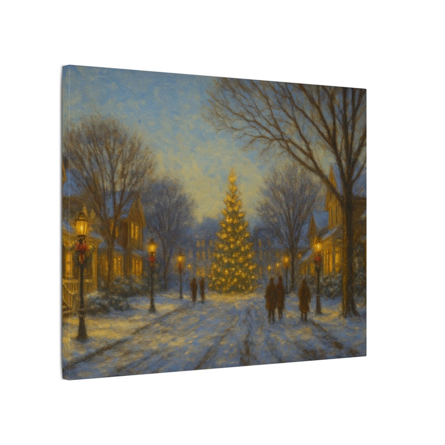 Winter scene with a decorated Christmas tree in a snowy street, illuminated by streetlights.
