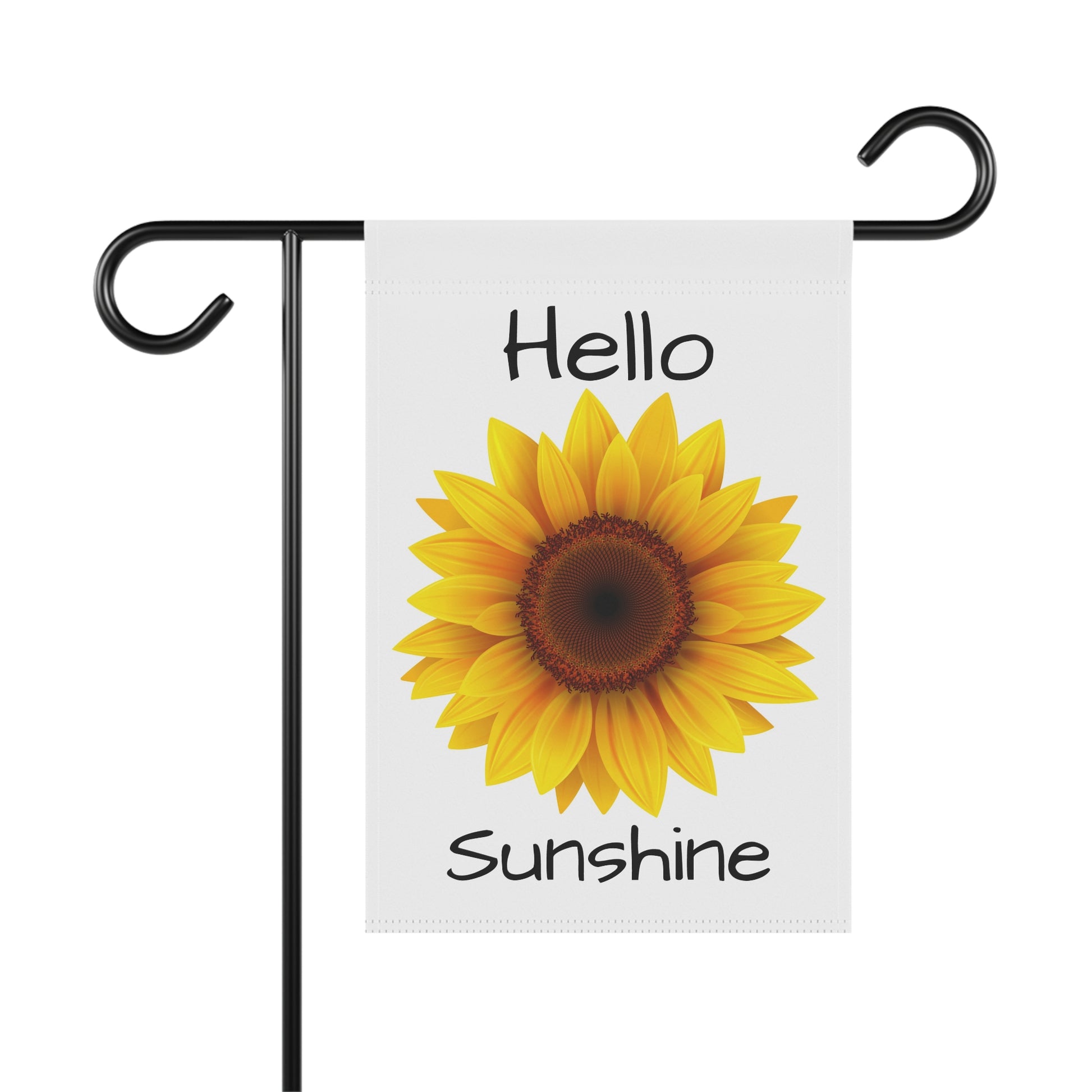 Decorative garden flag with a sunflower and 'Hello Sunshine' text on a white background.