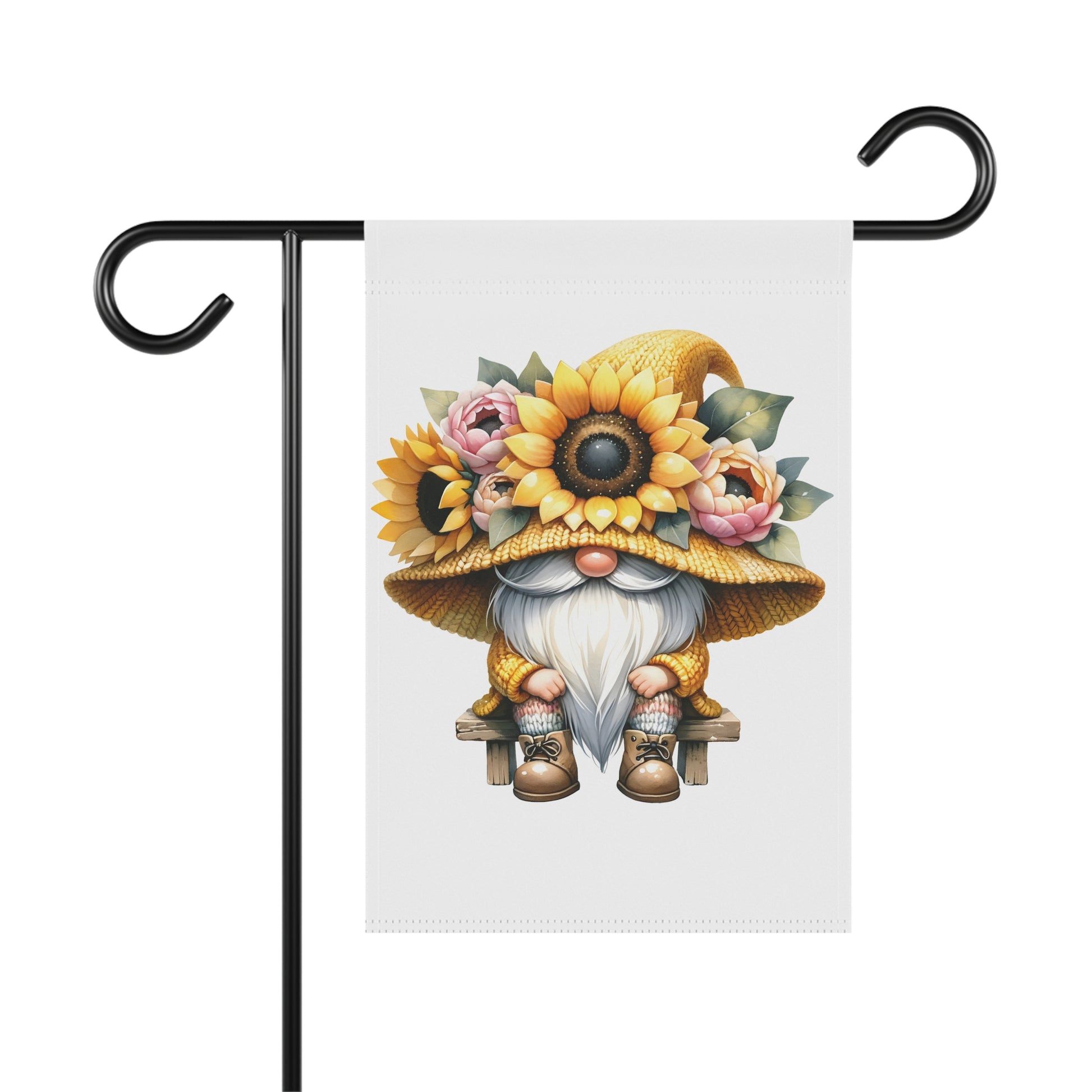 Gnome with sunflower hat garden flag on a stand