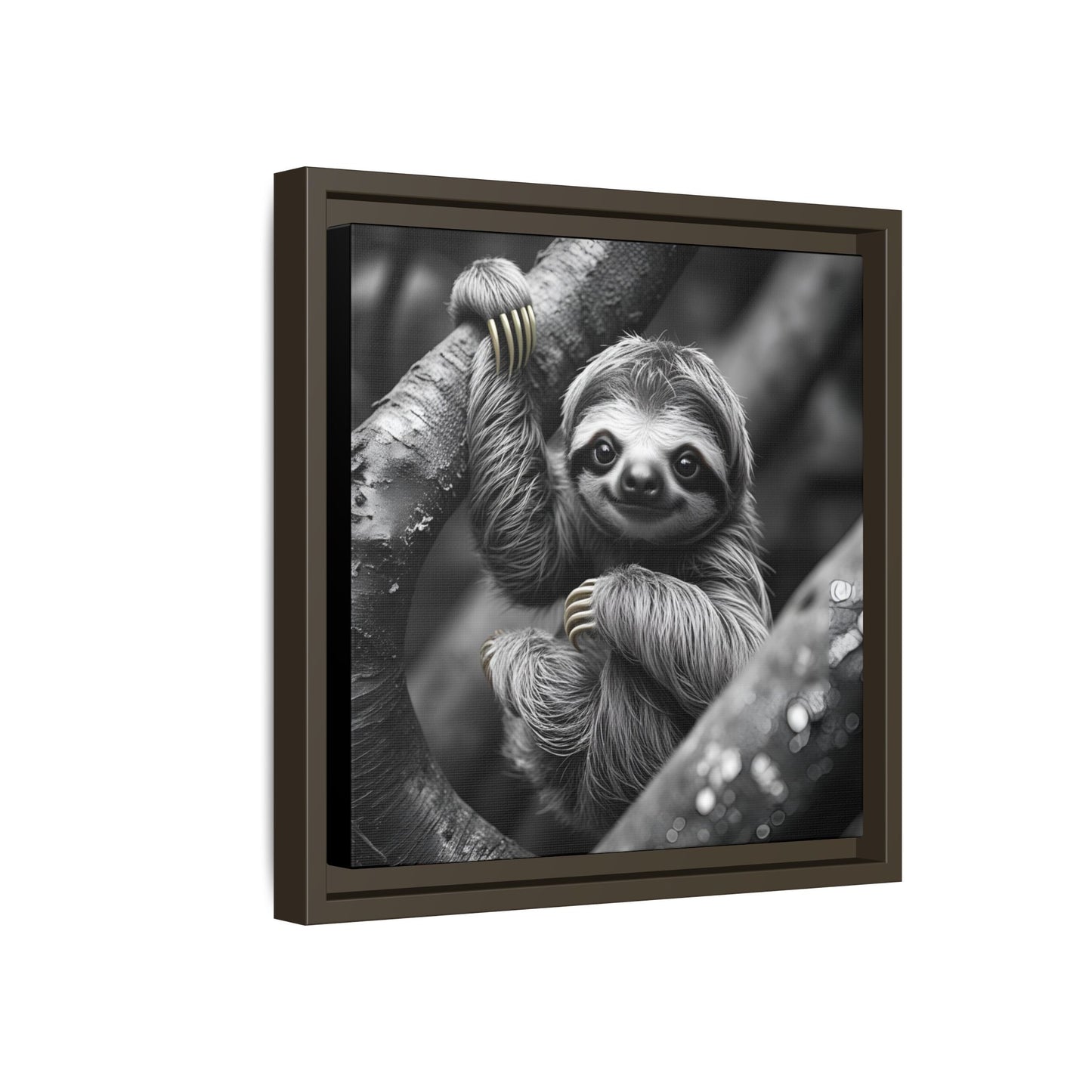 Smiling Sloth Hanging on Tree Branch Wall Art on Framed Canvas, Sloth Lover Gift, Nursery Decor, Wildlife Artwork