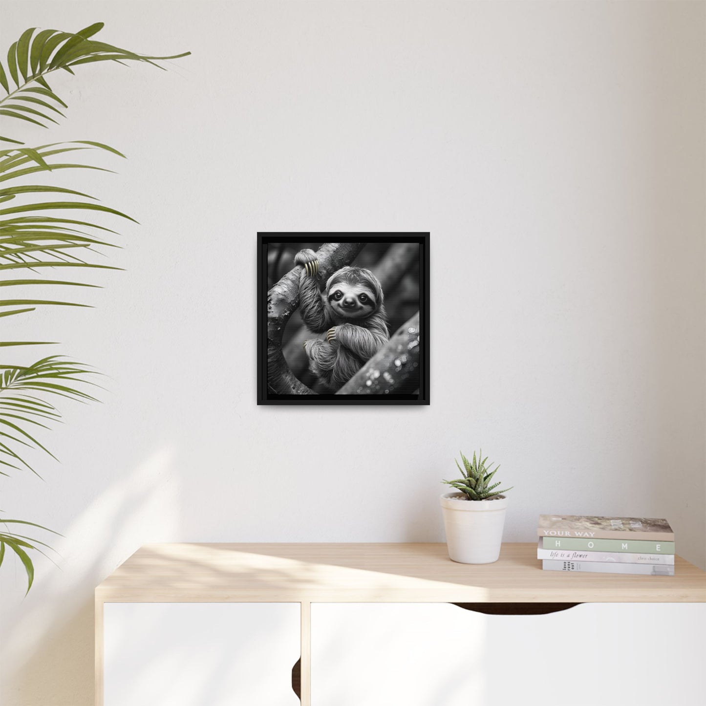 Smiling Sloth Hanging on Tree Branch Wall Art on Framed Canvas, Sloth Lover Gift, Nursery Decor, Wildlife Artwork