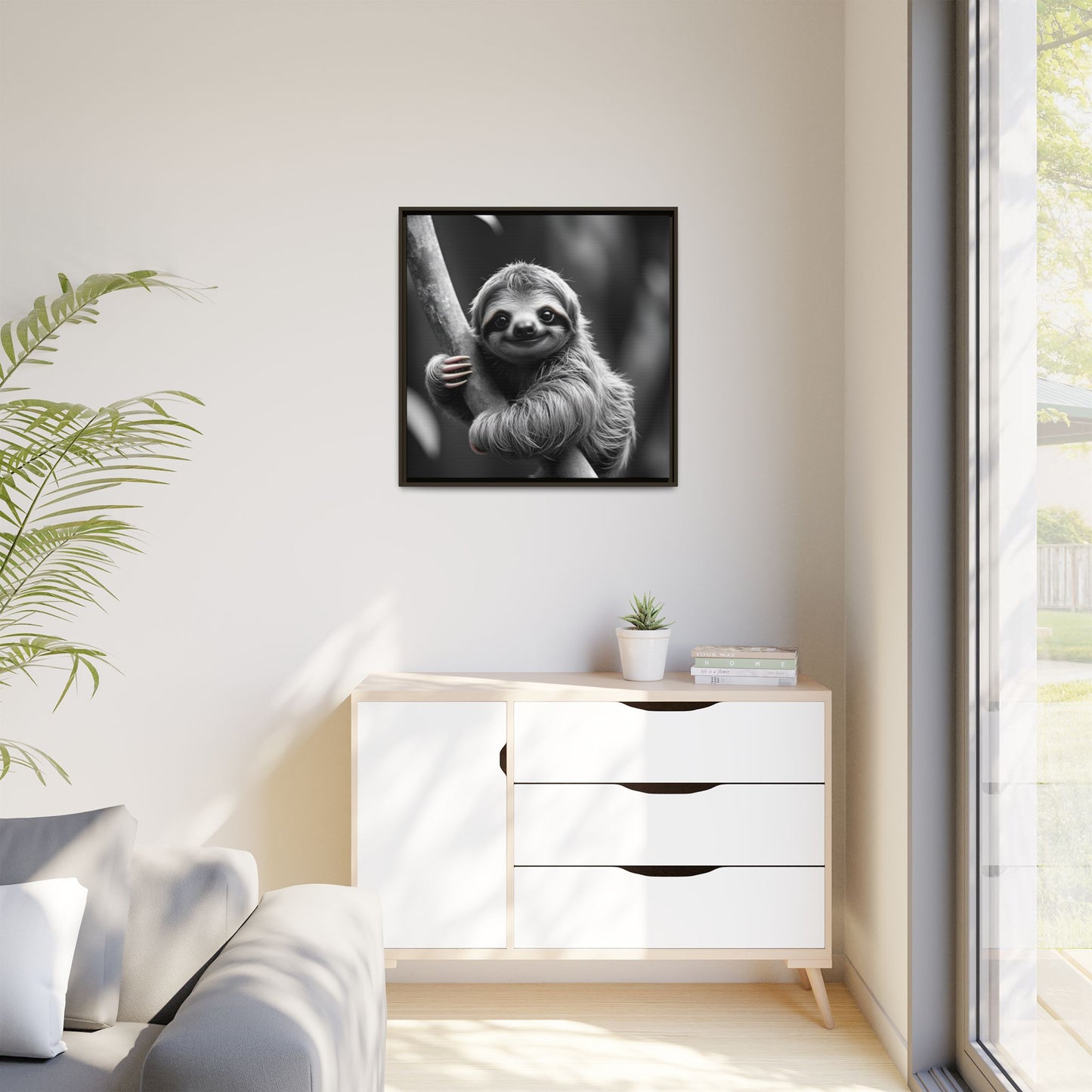 Framed black and white sloth picture on a wall above a white cabinet with a plant and books.