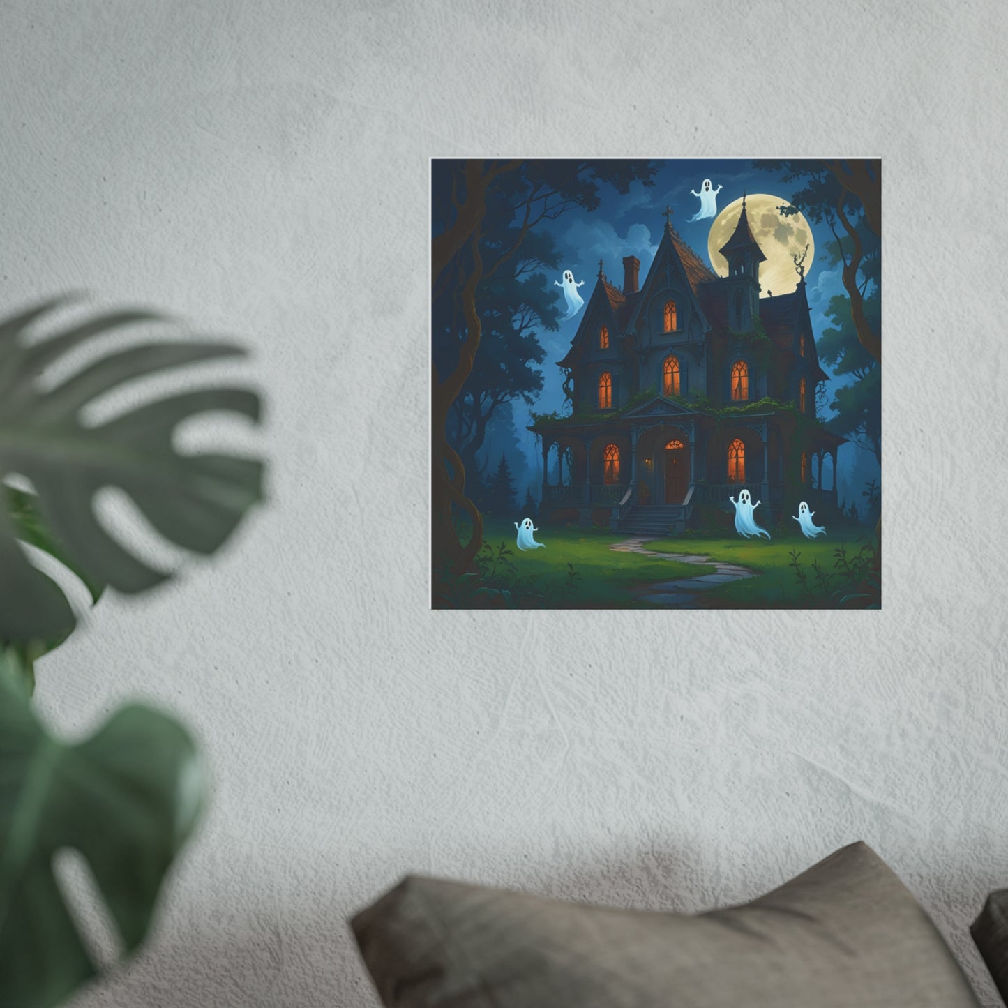 Haunted House Ghosts Poster — Friendly Ghosts Floating Around a Haunted House