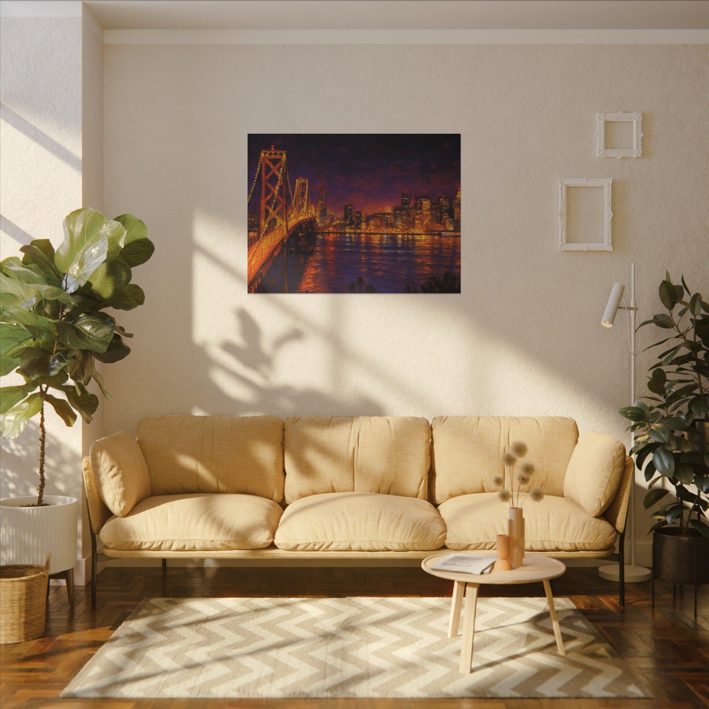 Living room with beige sofa, coffee table, and wall art of a cityscape at night.